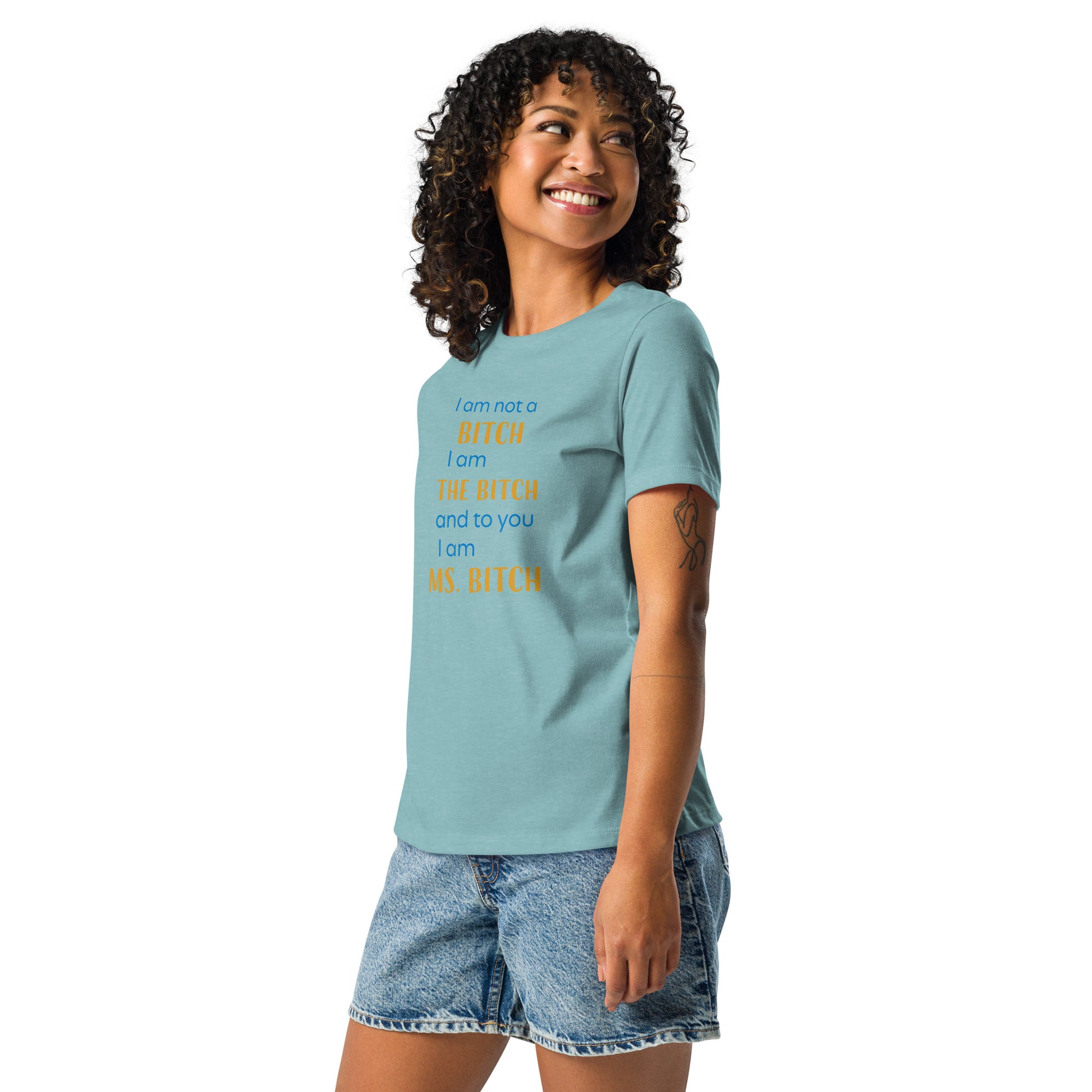 Women with blue lagoon t-shirt with the text "to you I'm MS bitch"