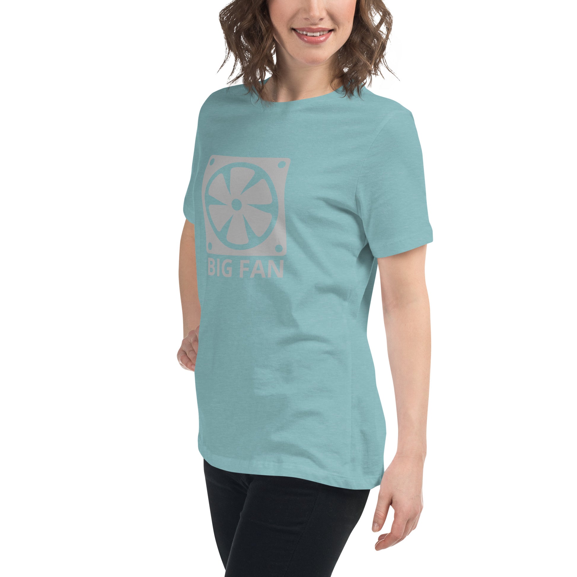 Women with blue lagoon t-shirt with image of a big computer fan and the text "BIG FAN"