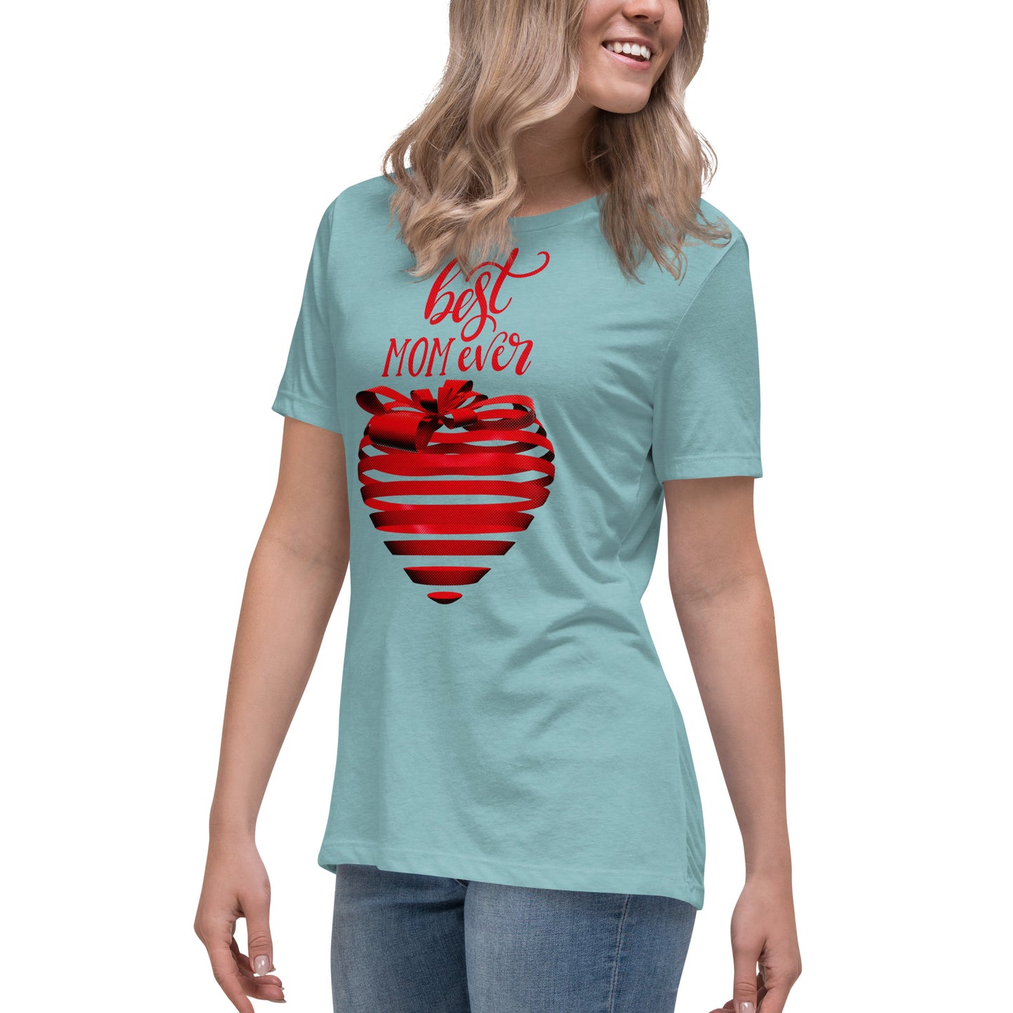 Women with blue lagoon T-shirt with red text best MOM Ever and red heart