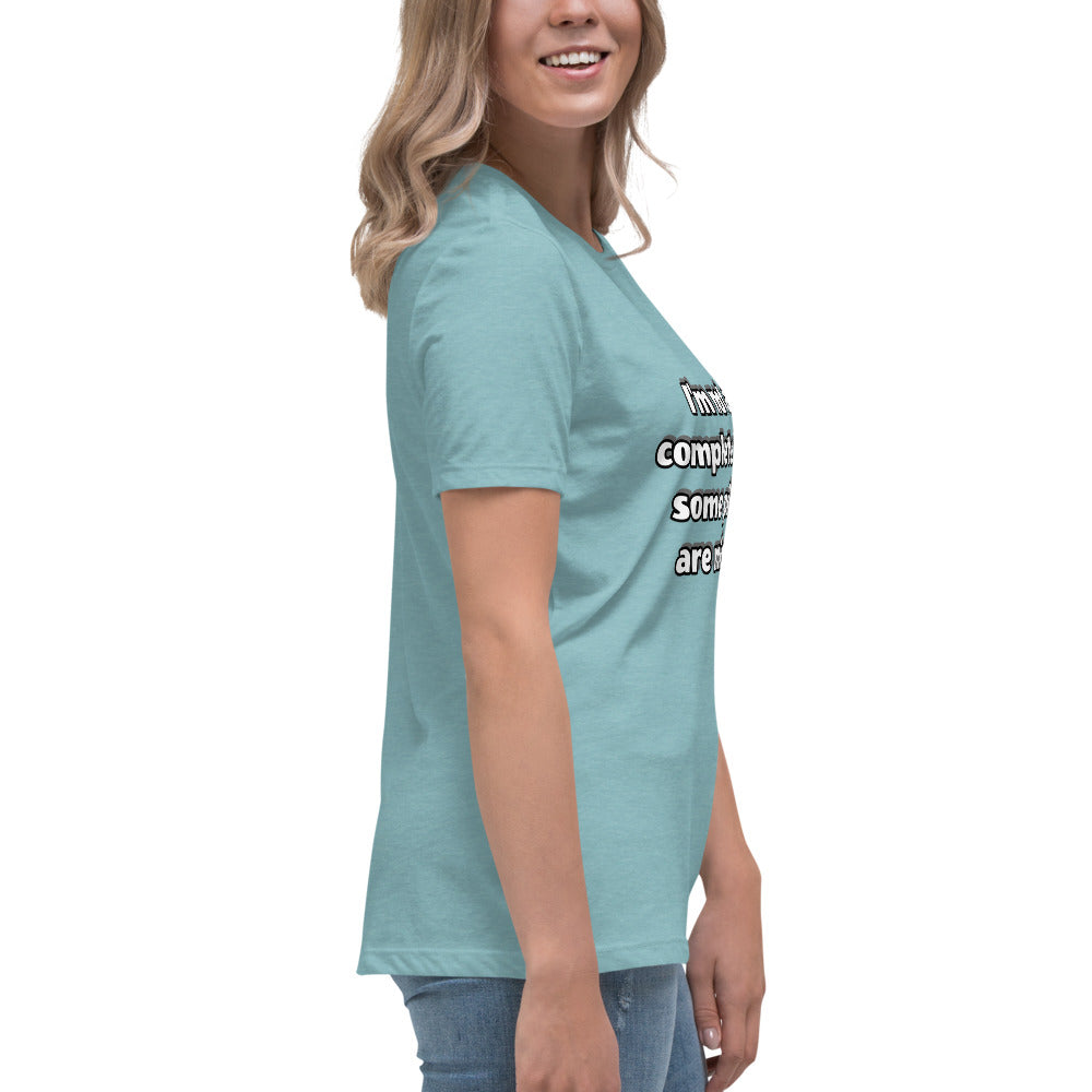 Women with blue lagoon t-shirt with text “I’m not a complete idiot, some pieces are missing”