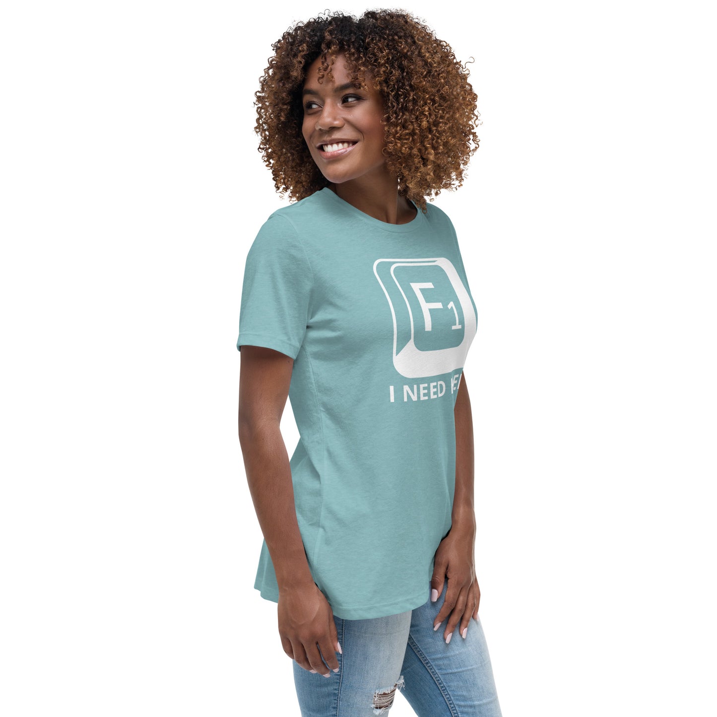 Woman with blue lagoon t-shirt with picture of "F1" key and text "I need help"