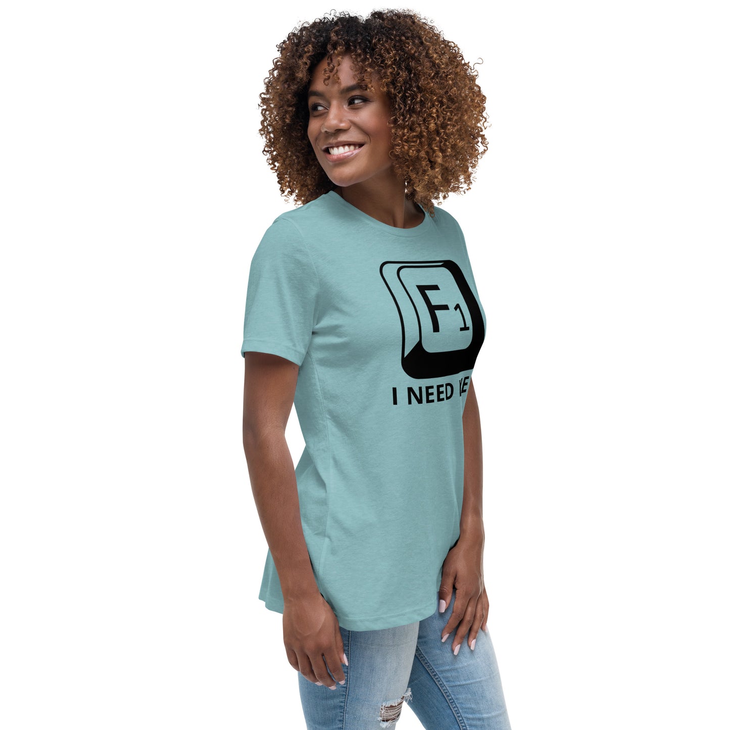 Woman with lagoon blue t-shirt with picture of "F1" key and text "I need help"