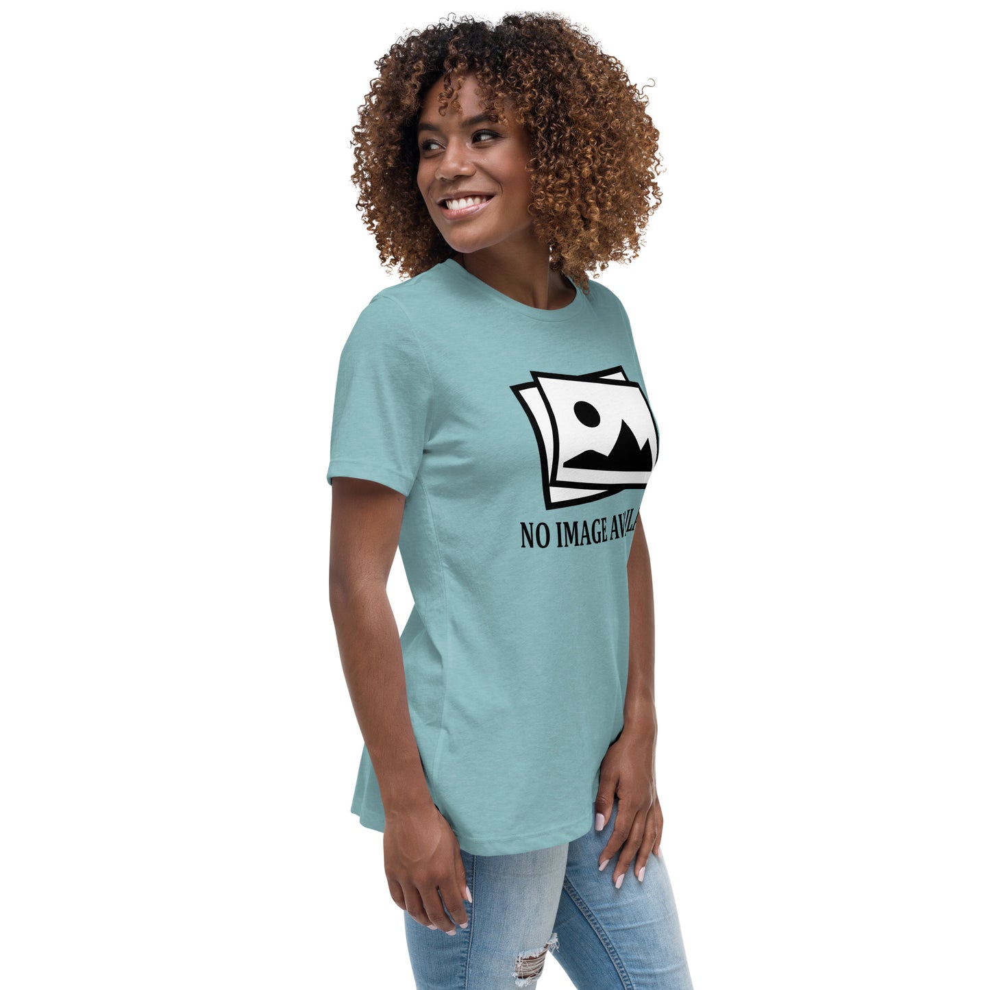 Women with blue lagoon t-shirt with image and text "no image available"