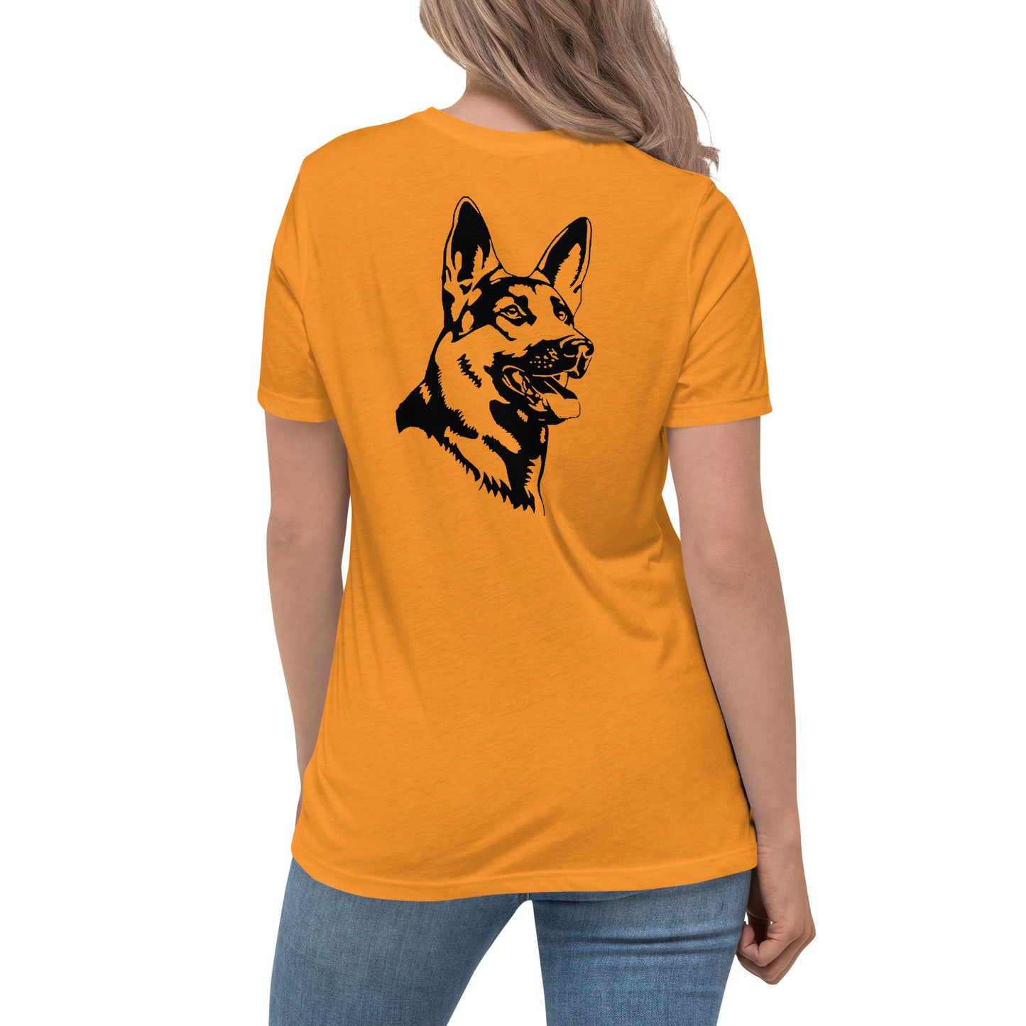 Women with marmalade shirt with German shepherd