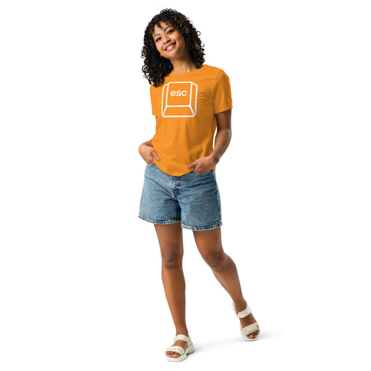 Woman with marmalade t-shirt with picture of esc key