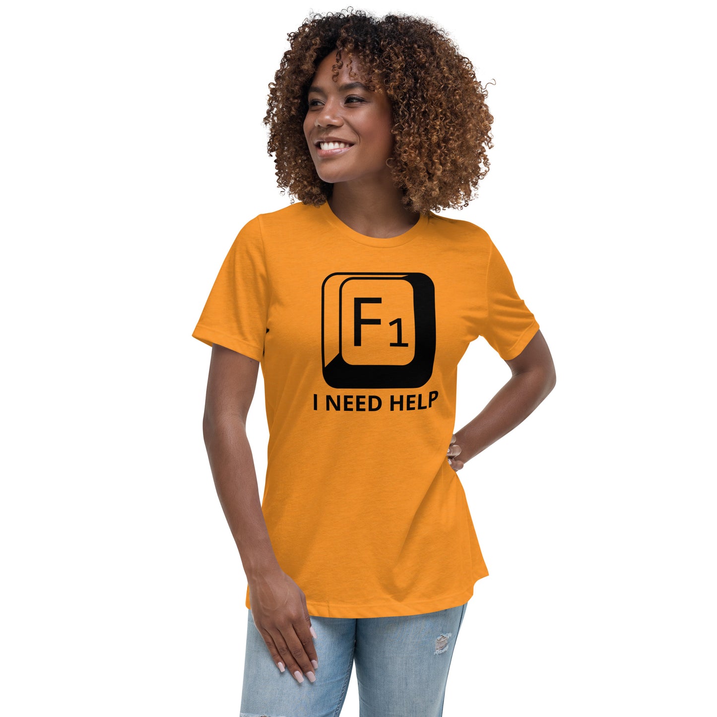 Woman with marmalade t-shirt with picture of "F1" key and text "I need help"