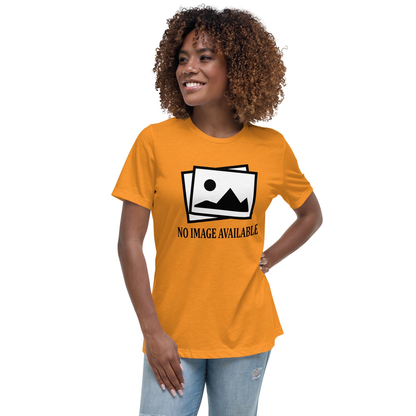 Women with marmalade t-shirt with image and text "no image available"