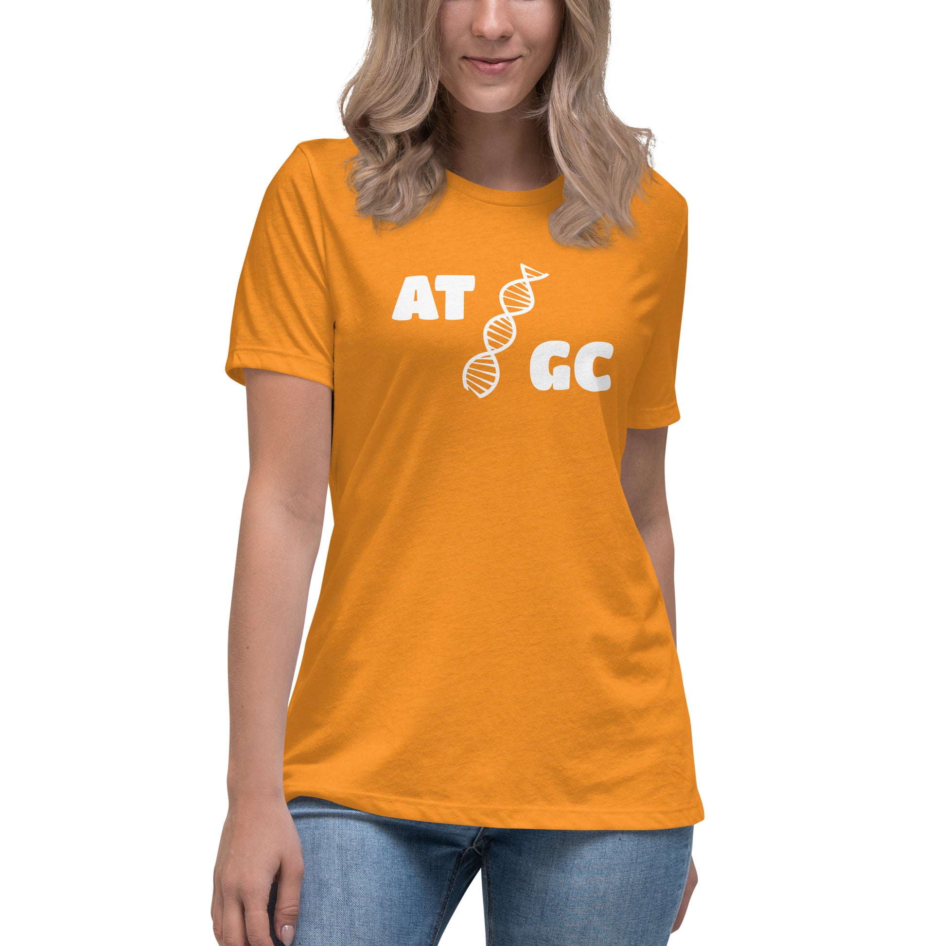 Women with marmalade t-shirt with image of a DNA string and the text "ATGC"