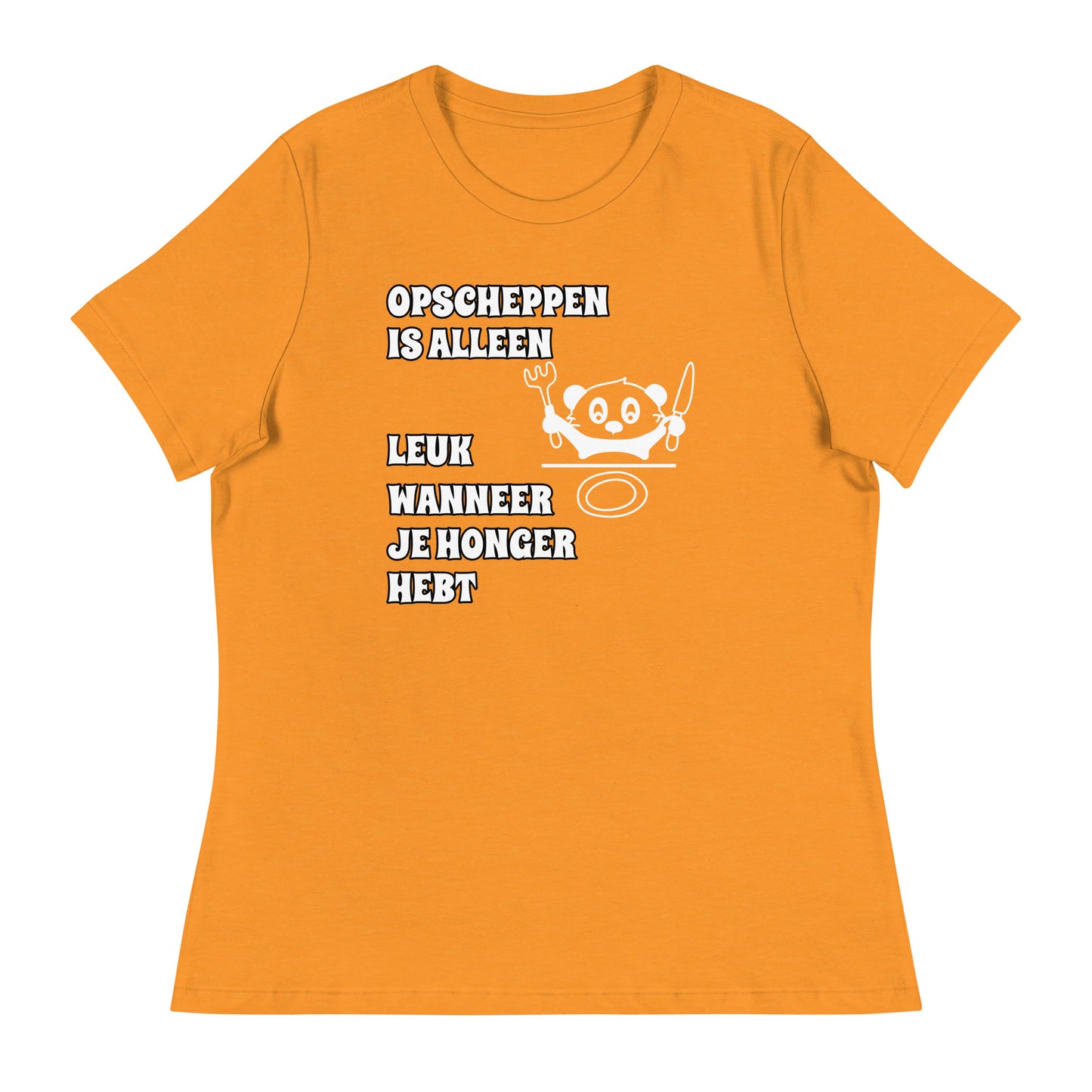 Gele T-shirt met tekst “opscheppen is alleen leuk wanneer je honger hebt”