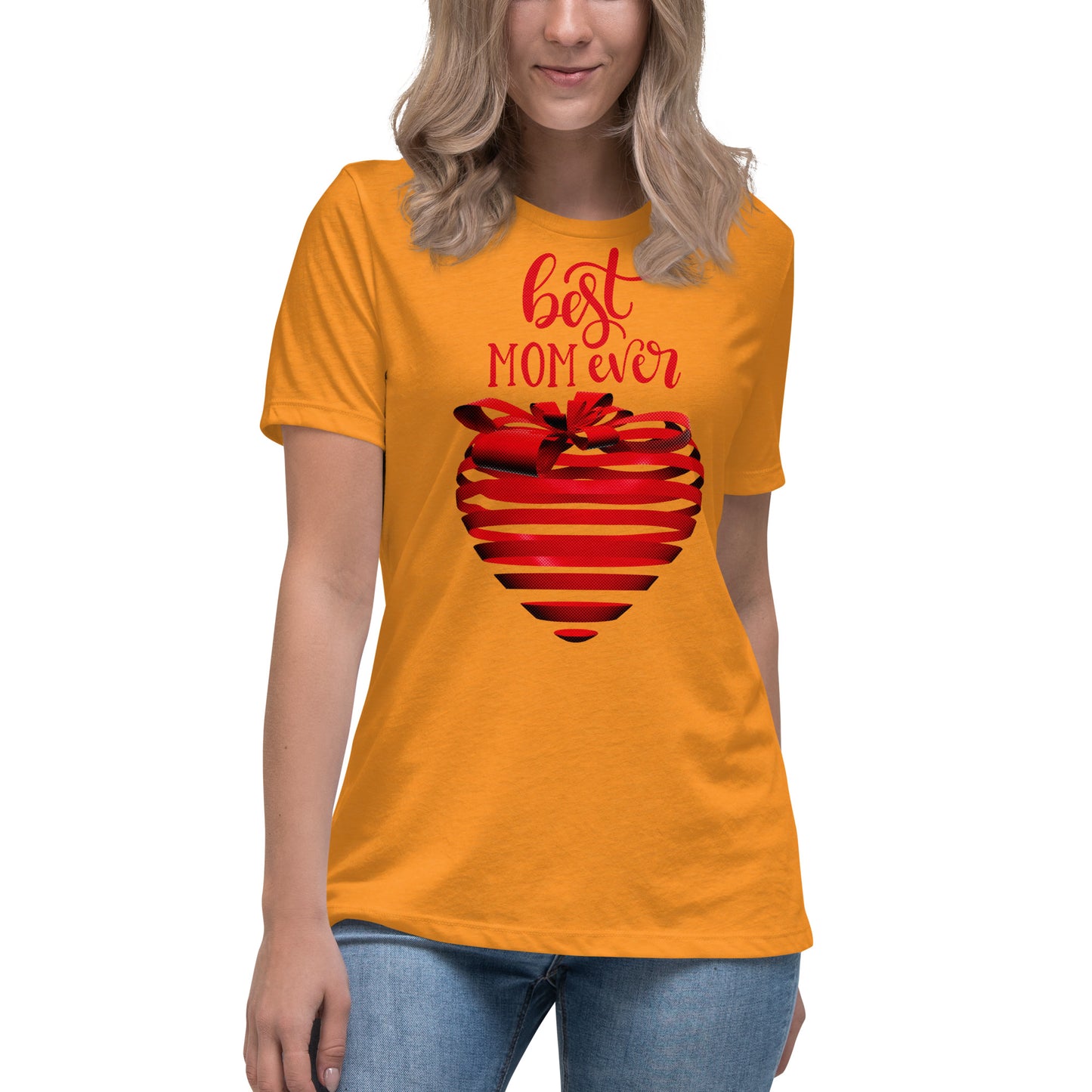 Women with marmalade T-shirt with red text best MOM Ever and red heart