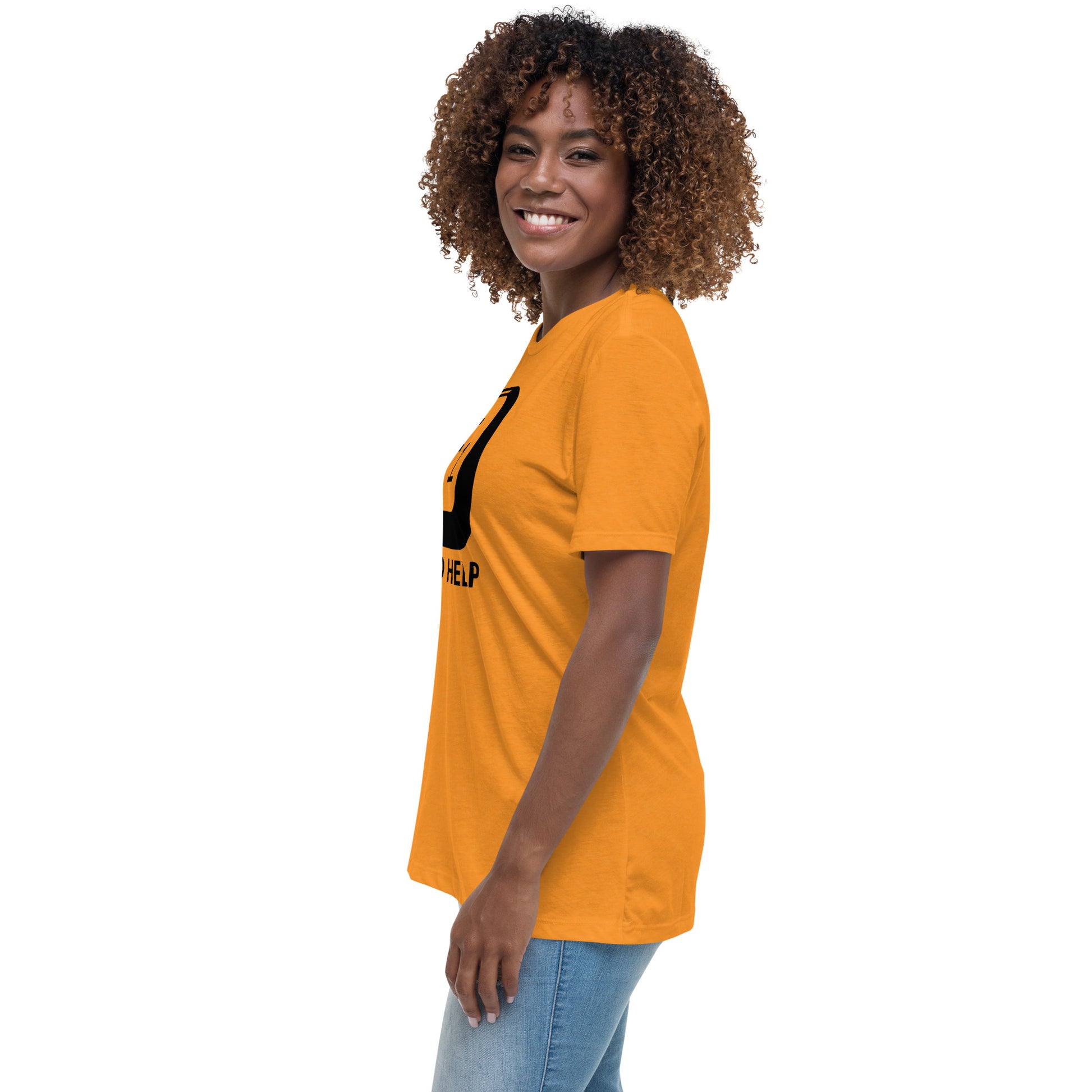 Woman with marmalade t-shirt with picture of "F1" key and text "I need help"