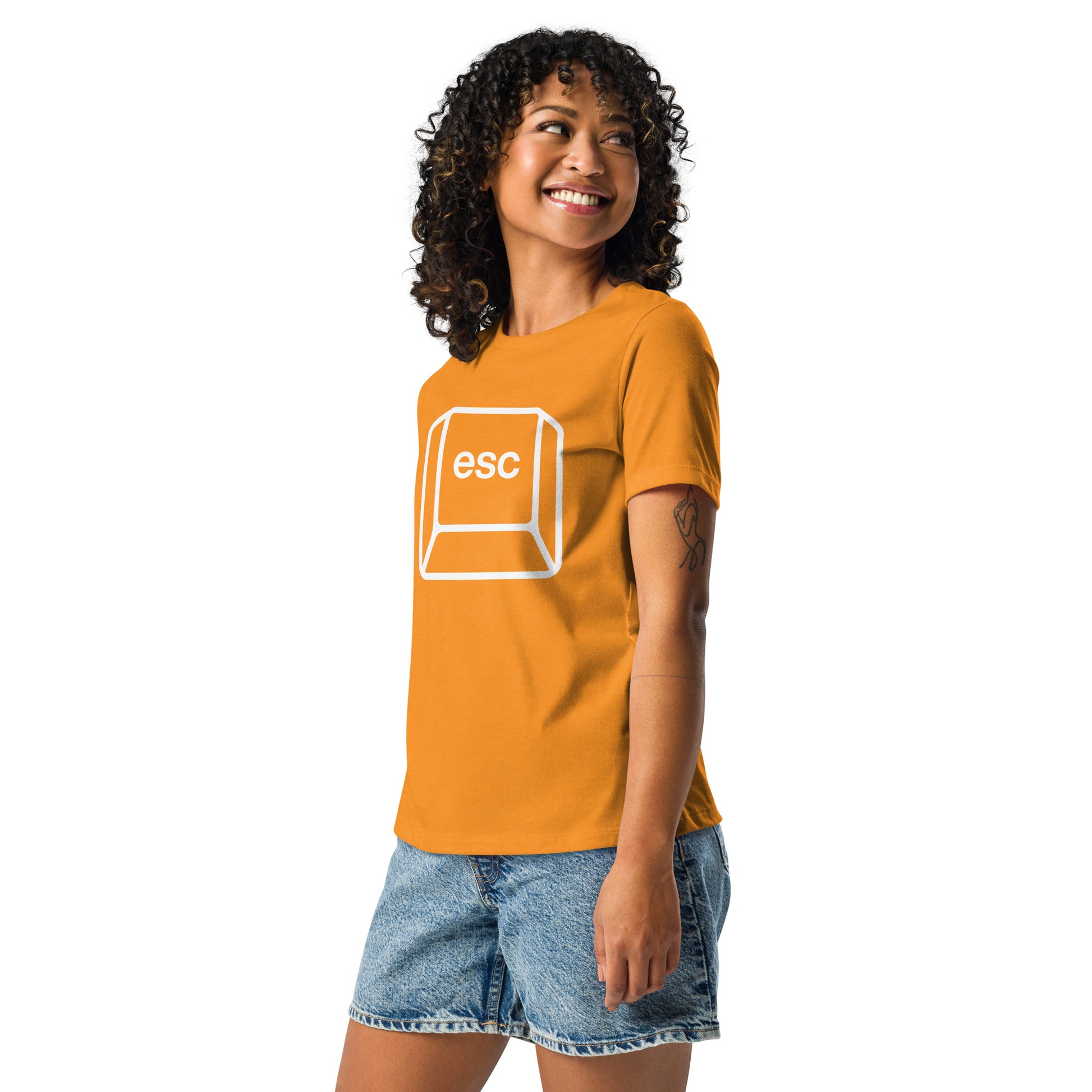 Woman with marmalade t-shirt with picture of esc key