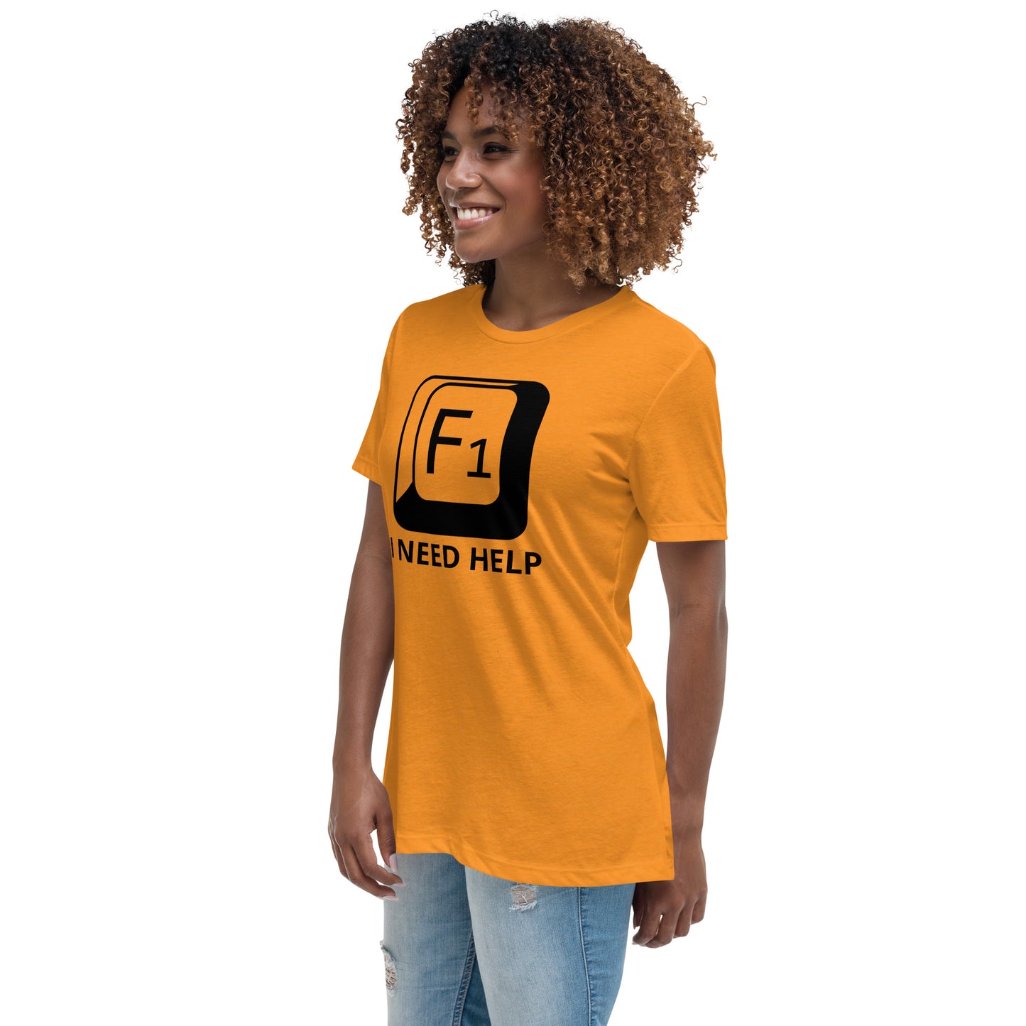 Woman with marmalade t-shirt with picture of "F1" key and text "I need help"