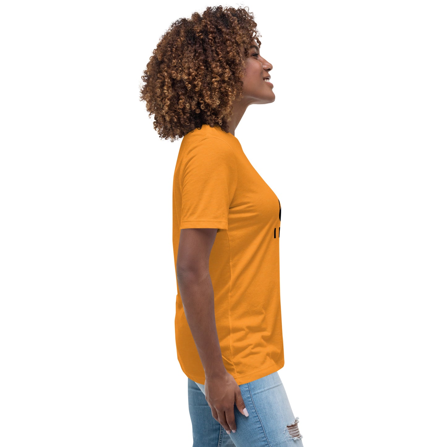 Woman with marmalade t-shirt with picture of "F1" key and text "I need help"