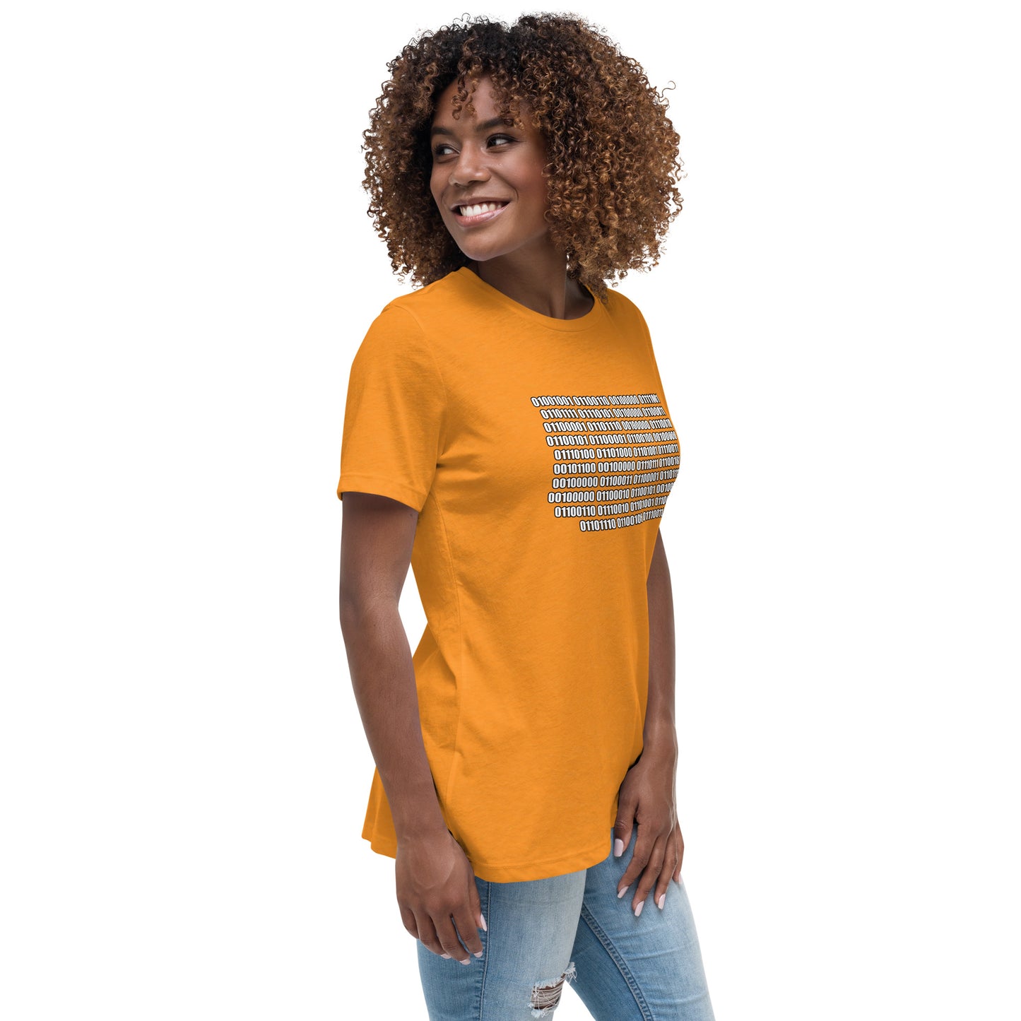 Woman with marmalade t-shirt with binary code "If you can read this"