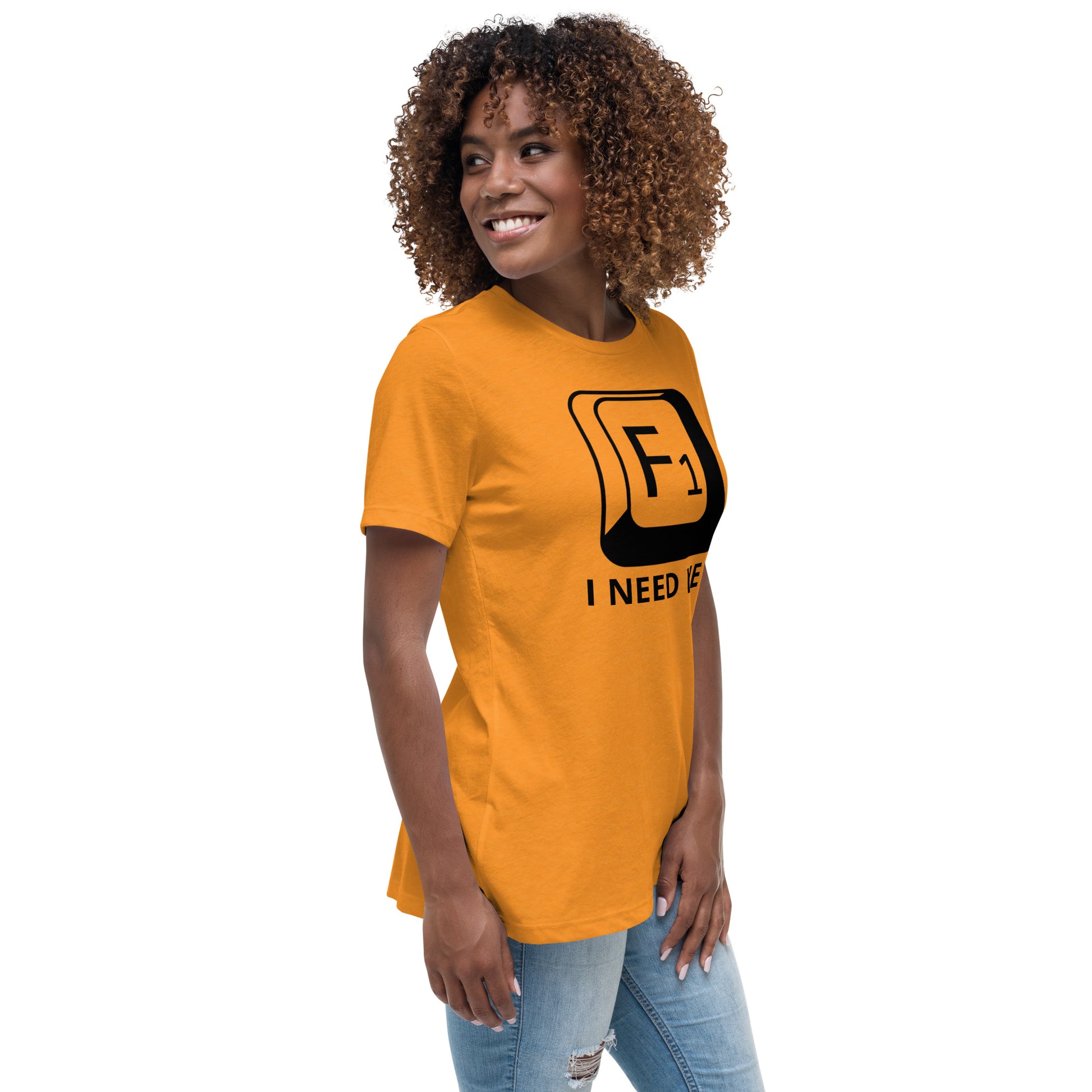 Woman with marmalade t-shirt with picture of "F1" key and text "I need help"