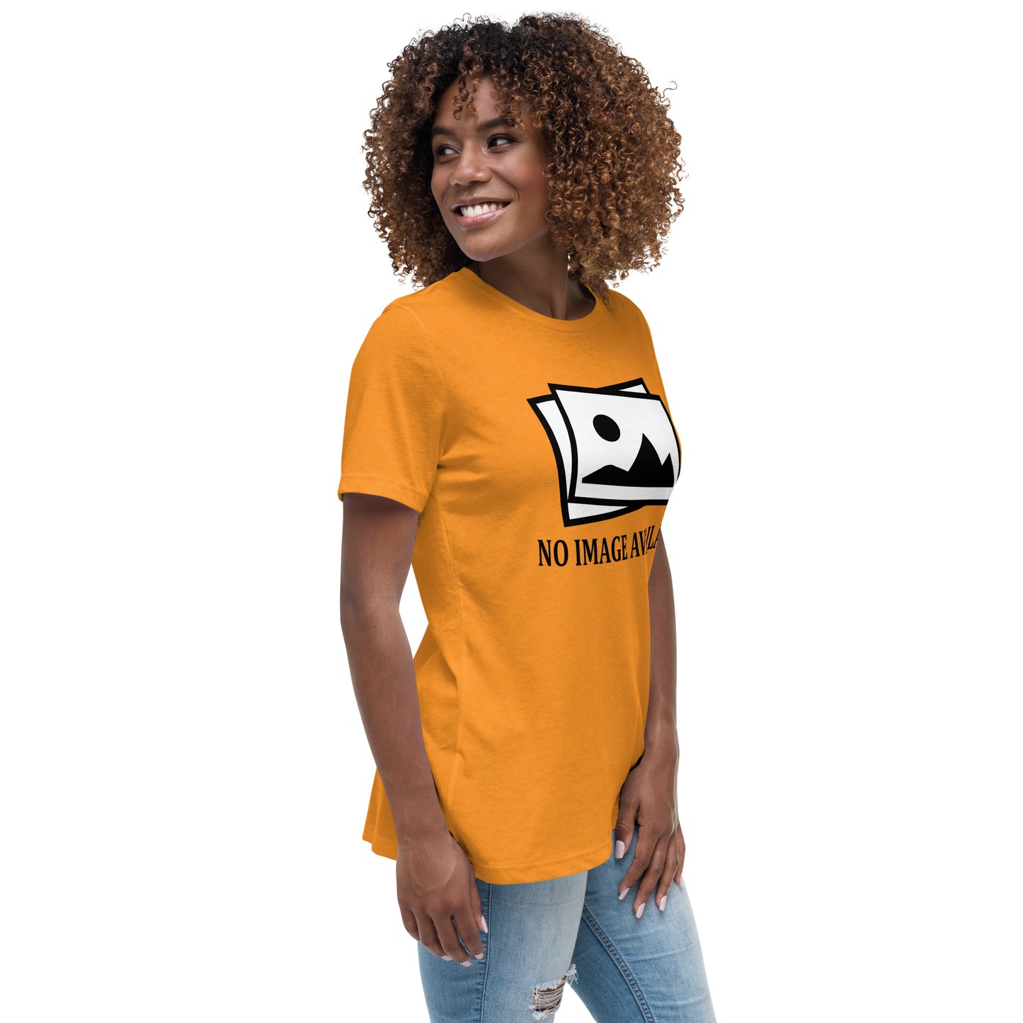 Women with marmalade t-shirt with image and text "no image available"