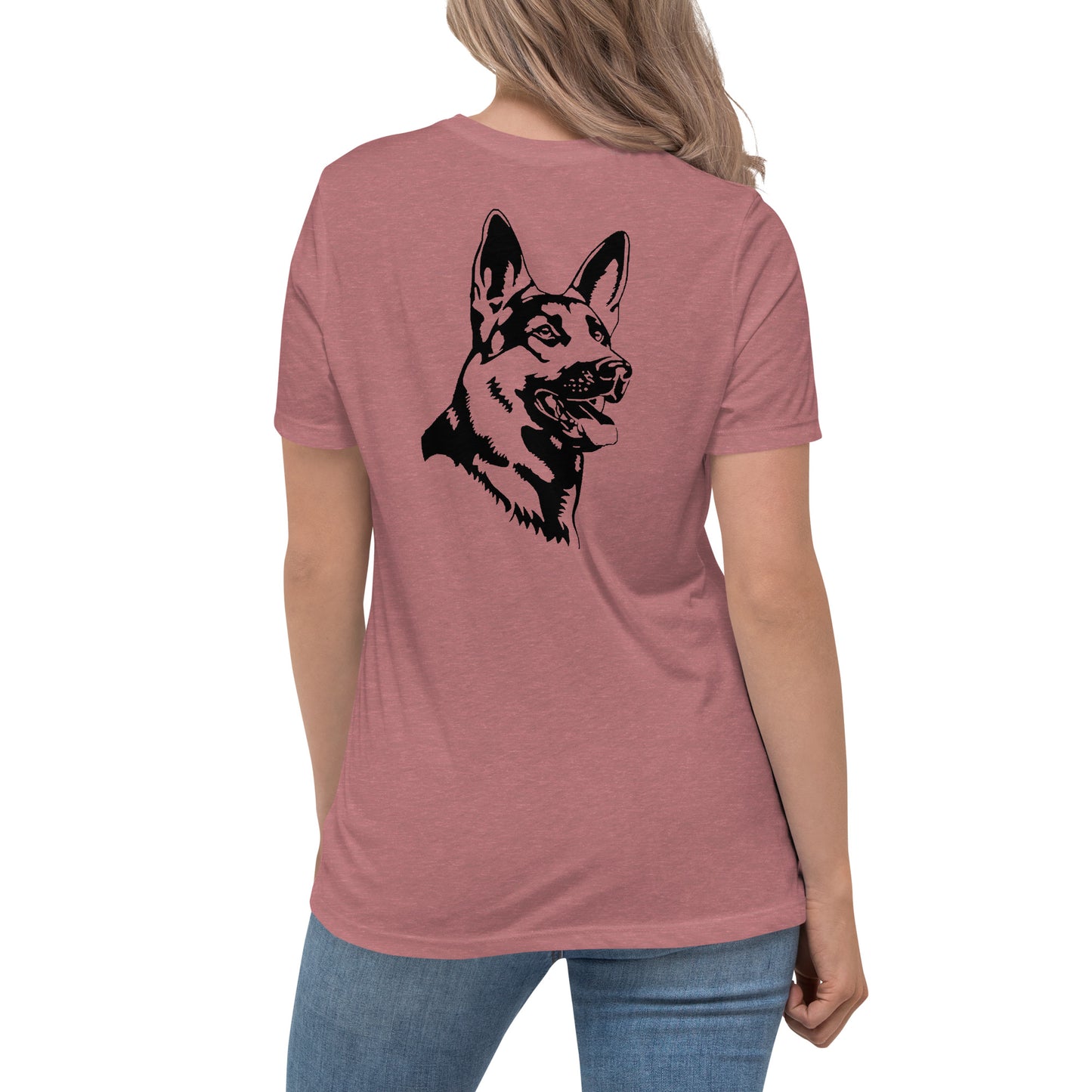 Women with mauve shirt with German shepherd