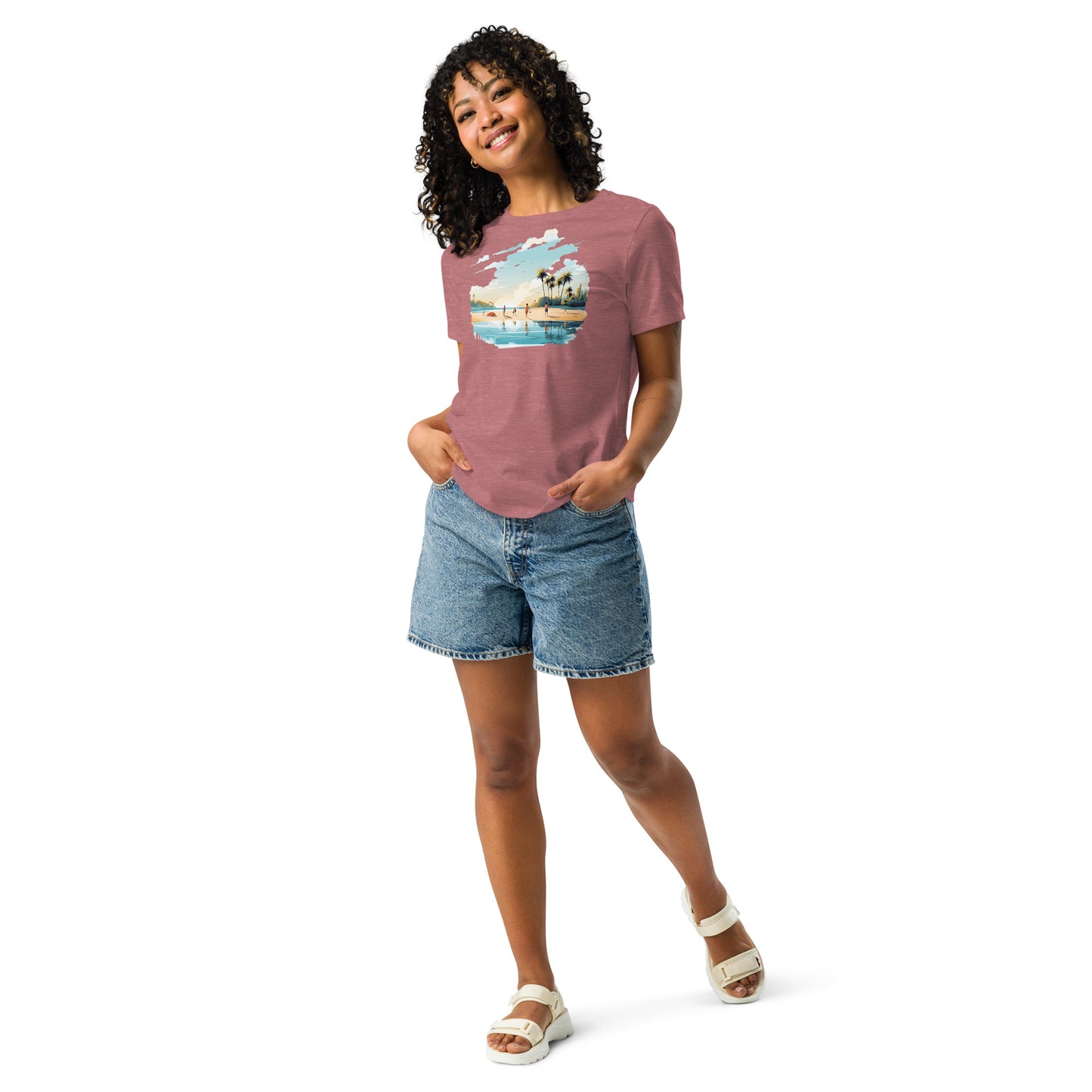 Women with mauve T-shirt and a picture of sea and sand