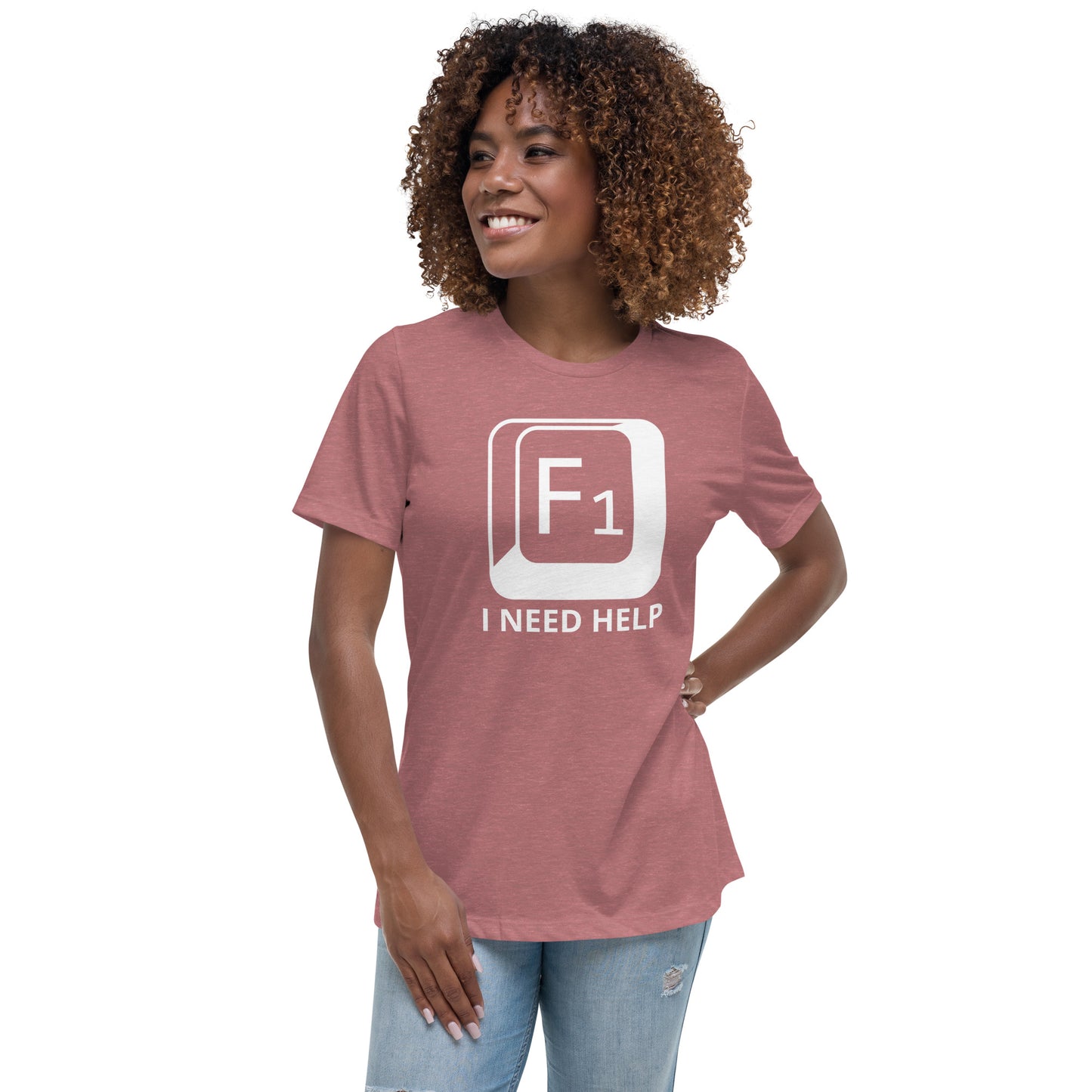 Woman with mauve t-shirt with picture of "F1" key and text "I need help"