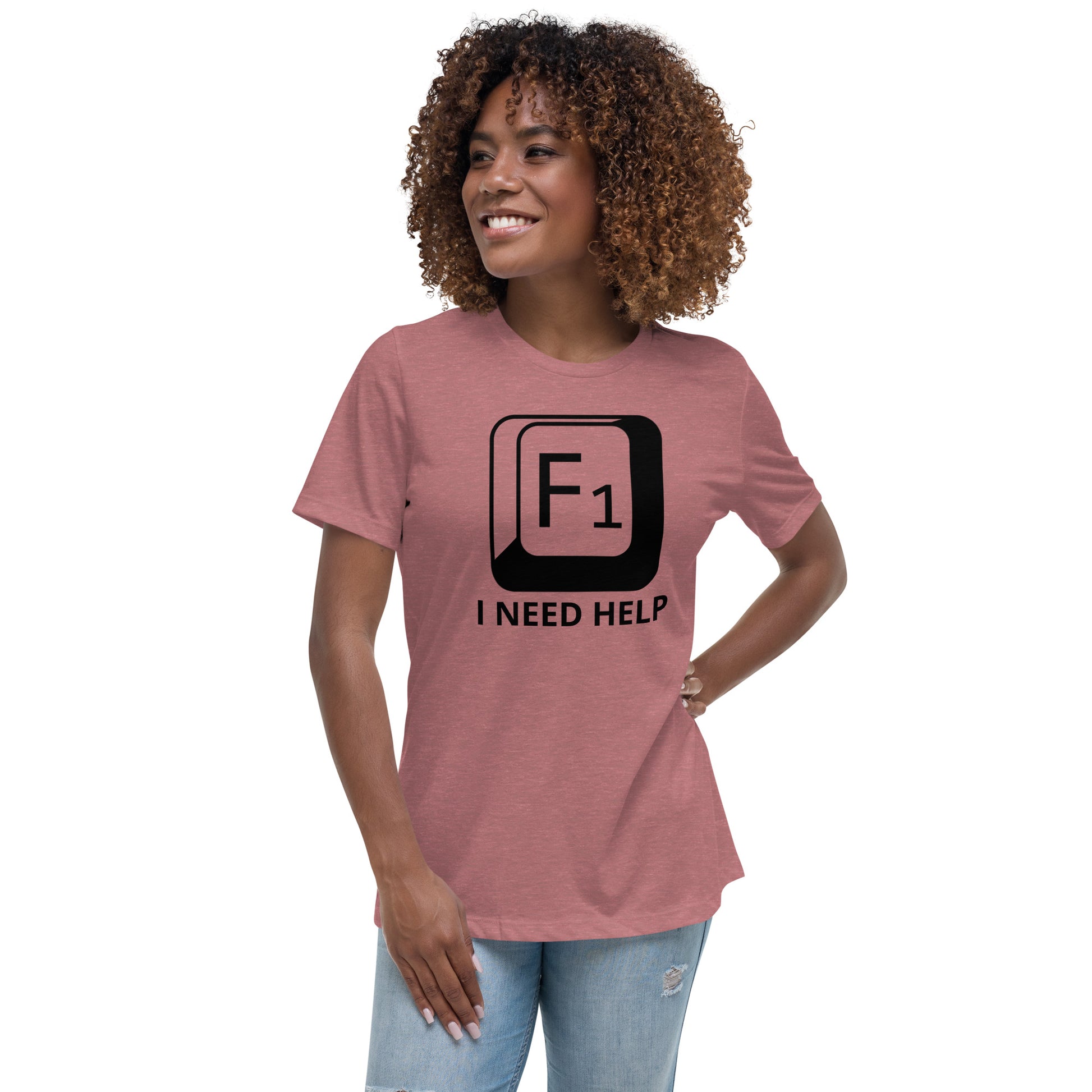 Woman with mauve t-shirt with picture of "F1" key and text "I need help"