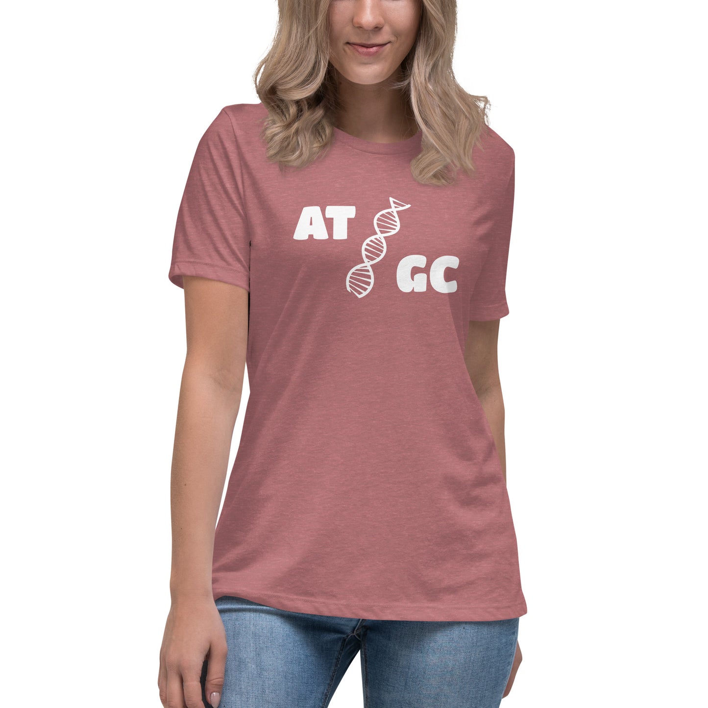 Women with mauve t-shirt with image of a DNA string and the text "ATGC"