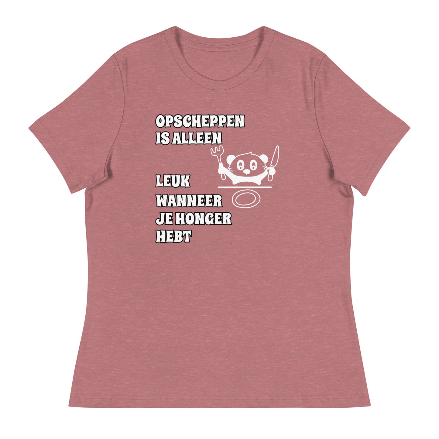 roze T-shirt met tekst “opscheppen is alleen leuk wanneer je honger hebt”