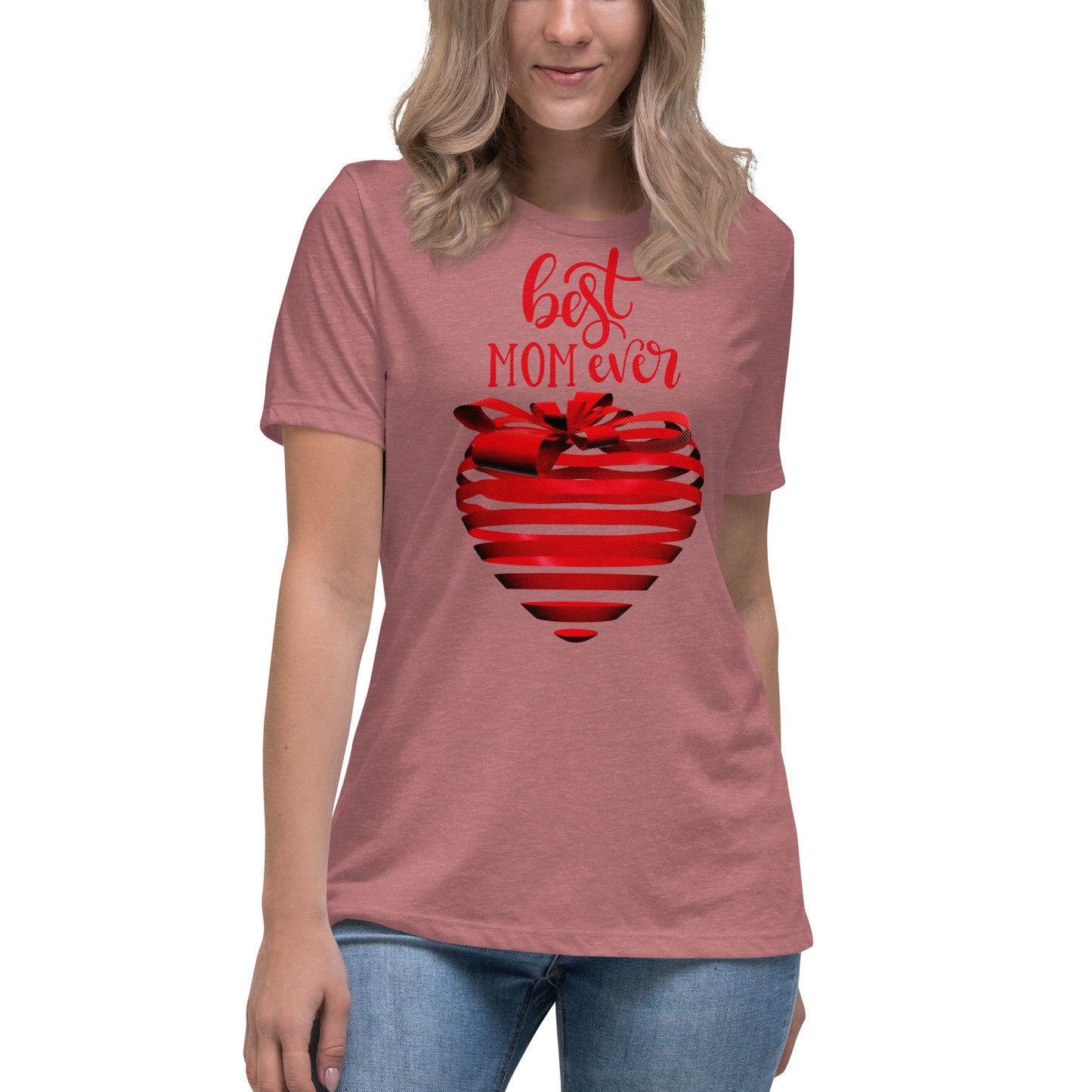 Women with mauve T-shirt with red text best MOM Ever and red heart