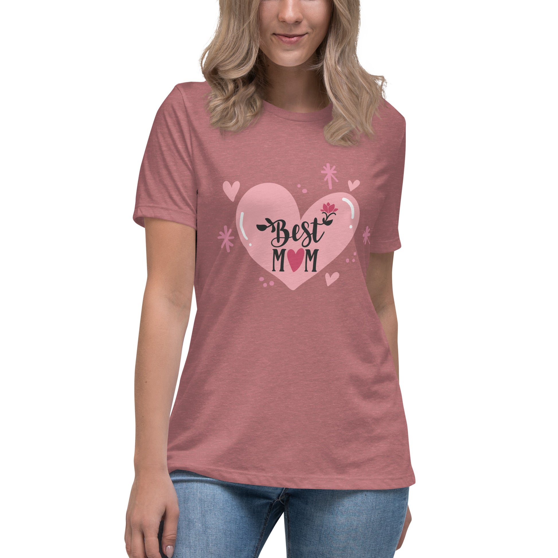 Women with mauve t shirt with hart and text best MOM