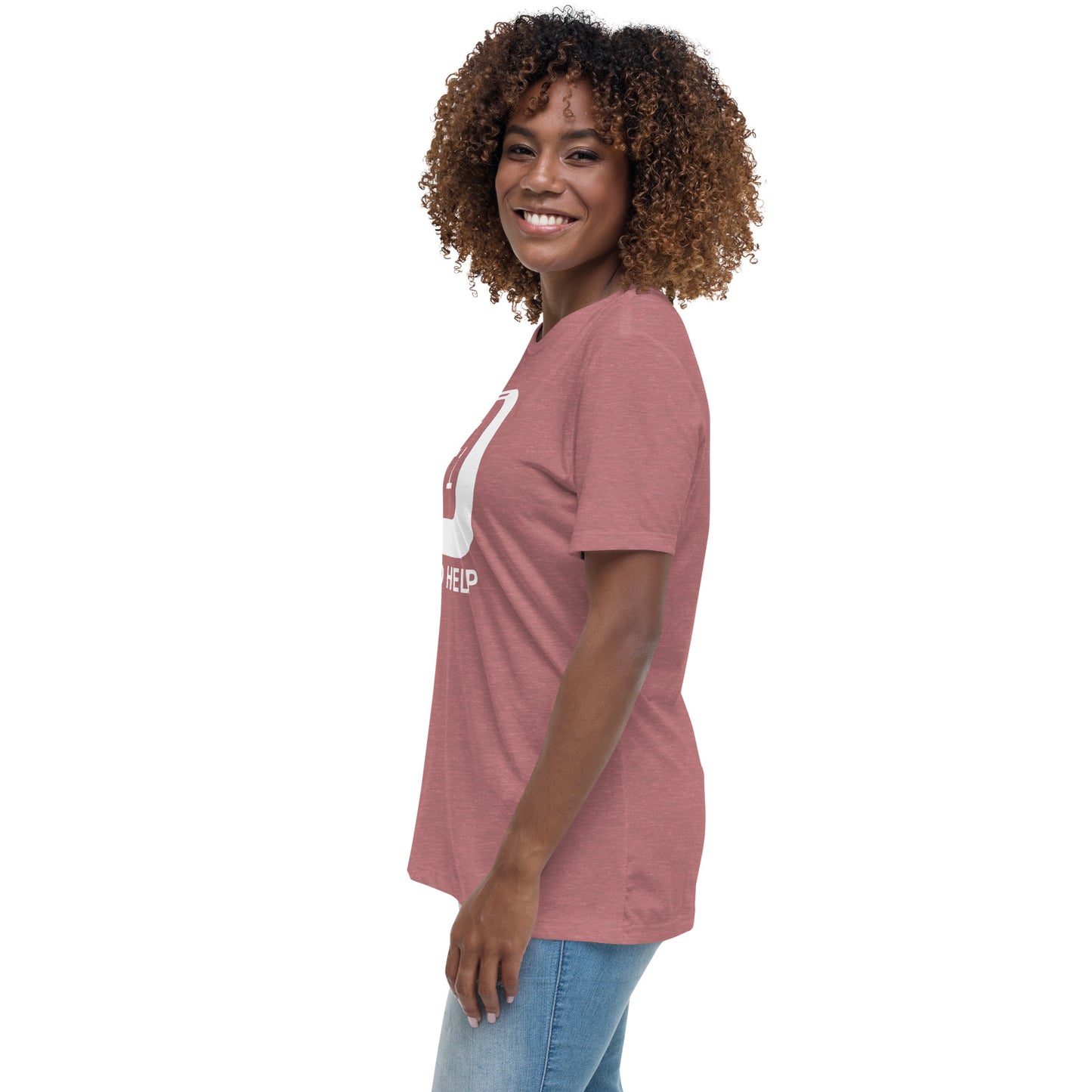 Woman with mauve t-shirt with picture of "F1" key and text "I need help"