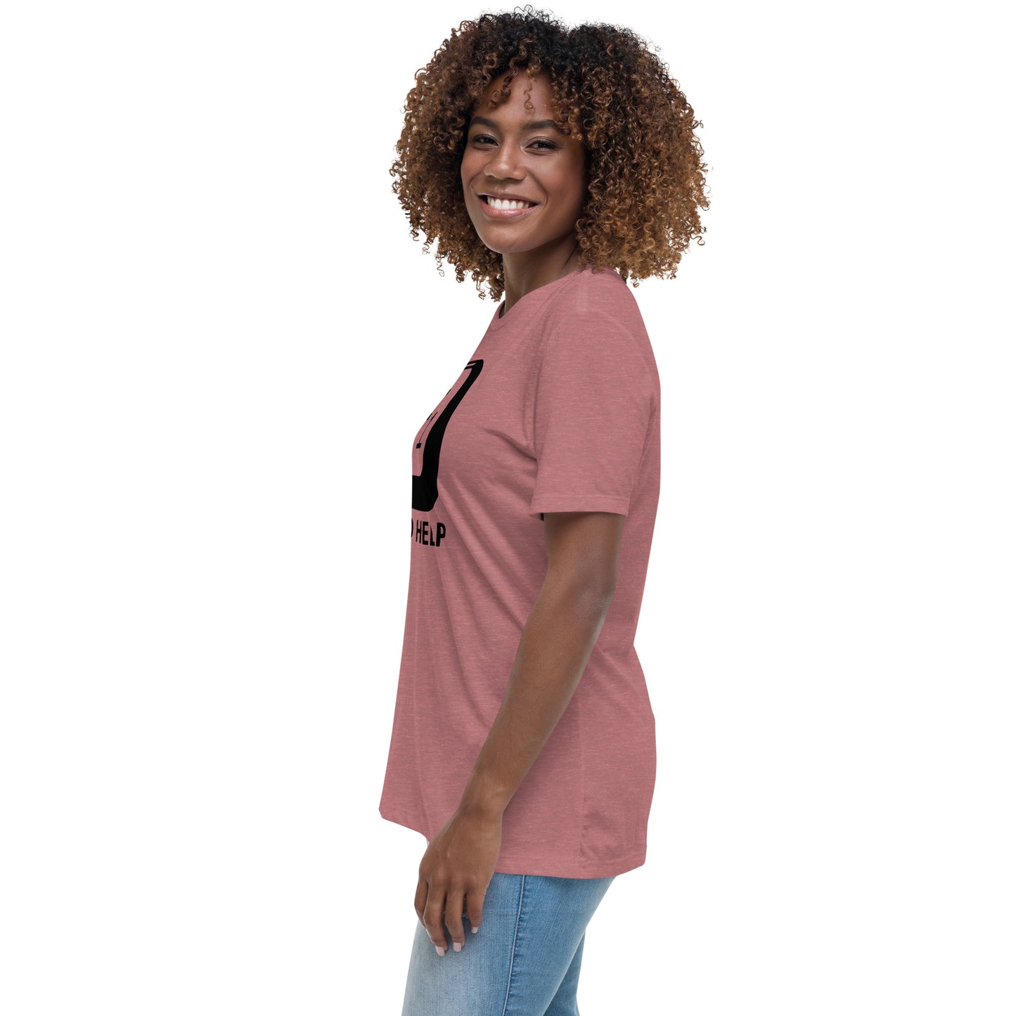 Woman with mauve t-shirt with picture of "F1" key and text "I need help"