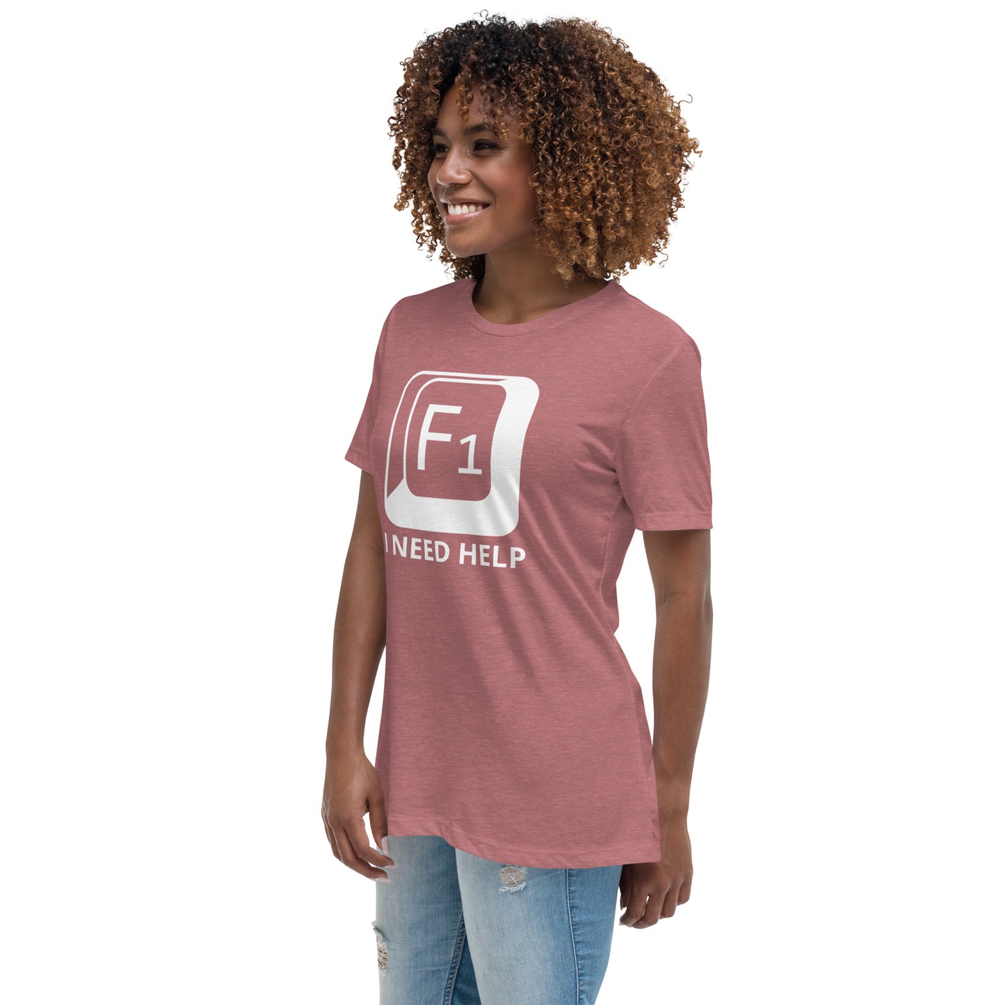 Woman with mauve t-shirt with picture of "F1" key and text "I need help"