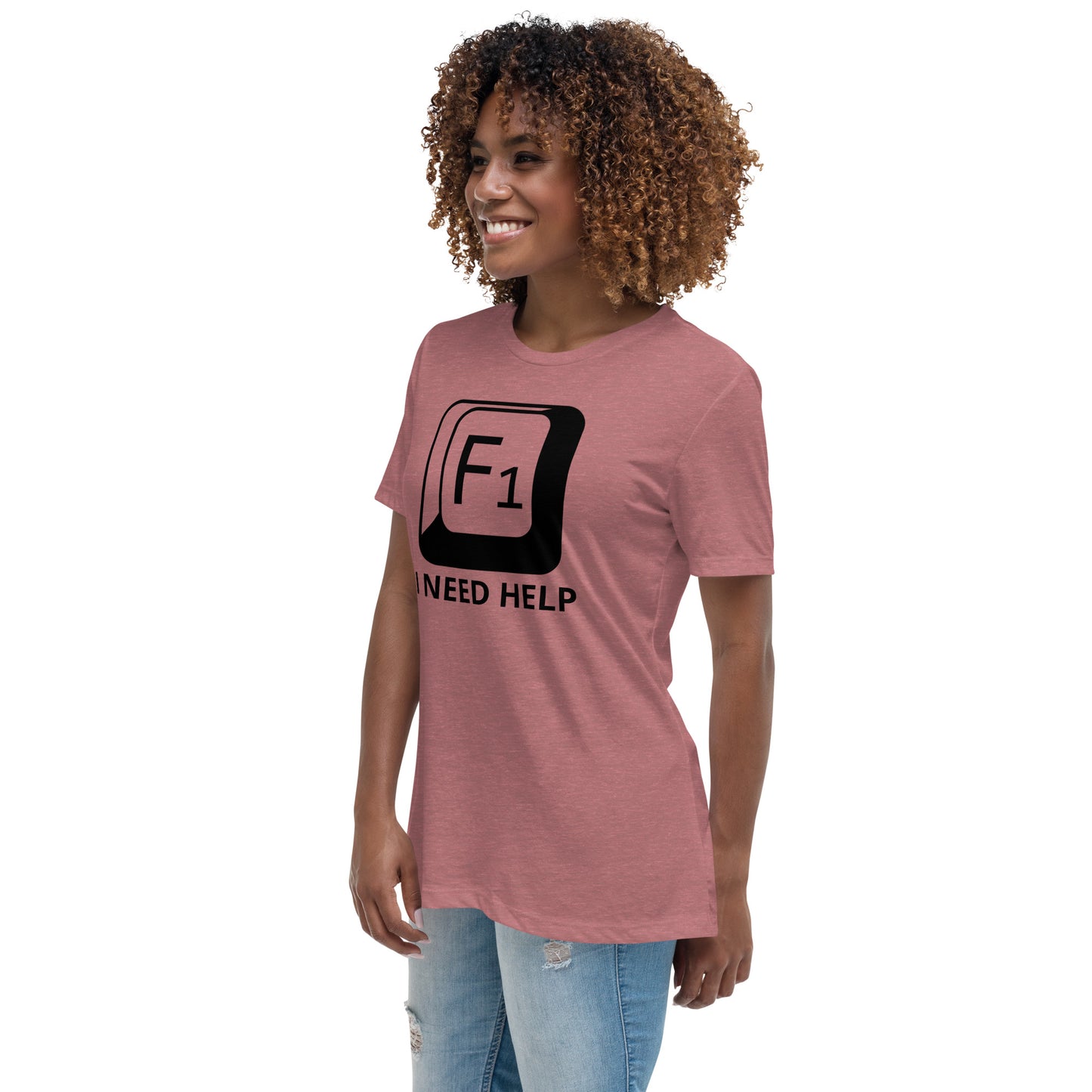 Woman with mauve t-shirt with picture of "F1" key and text "I need help"