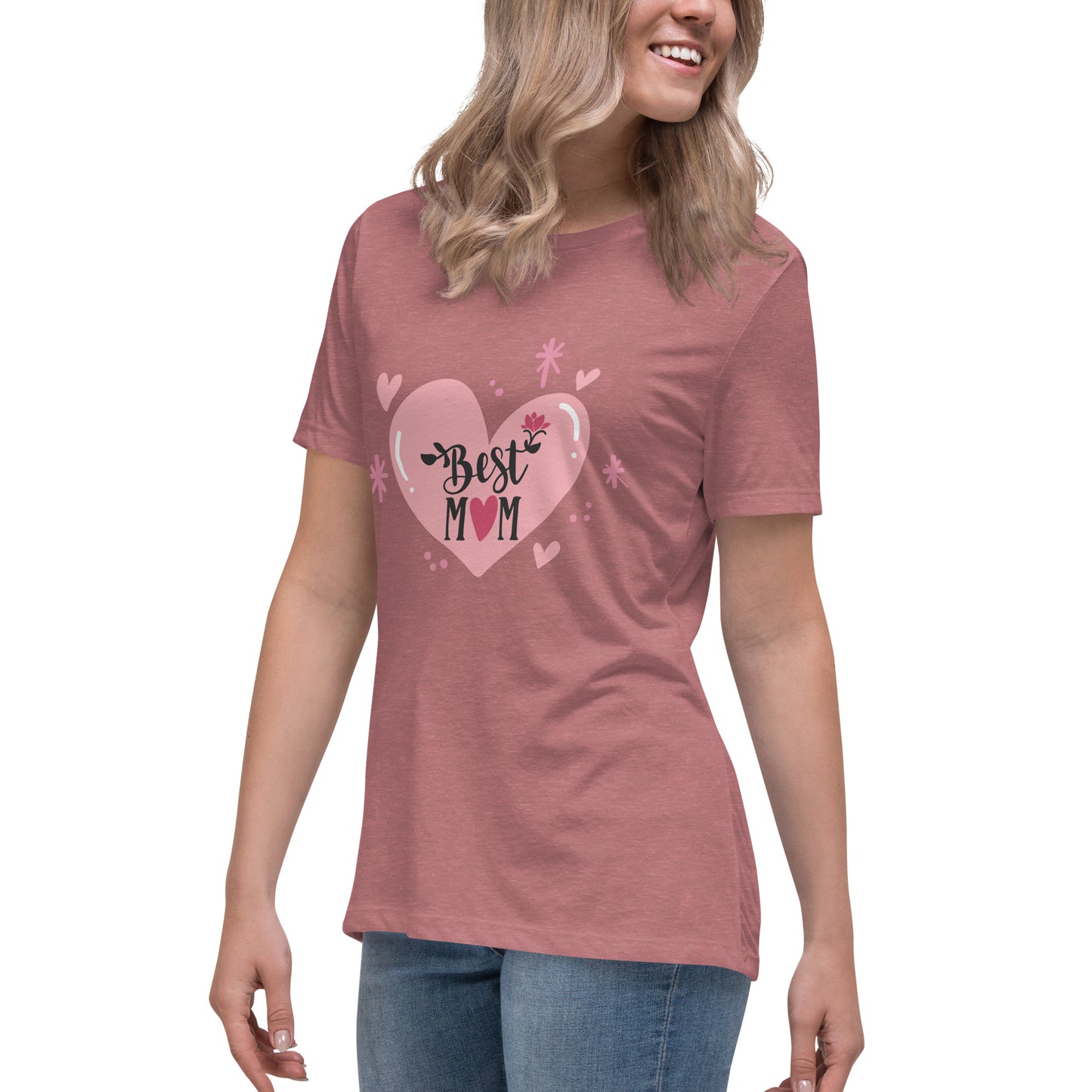 Women with mauve t shirt with hart and text best MOM