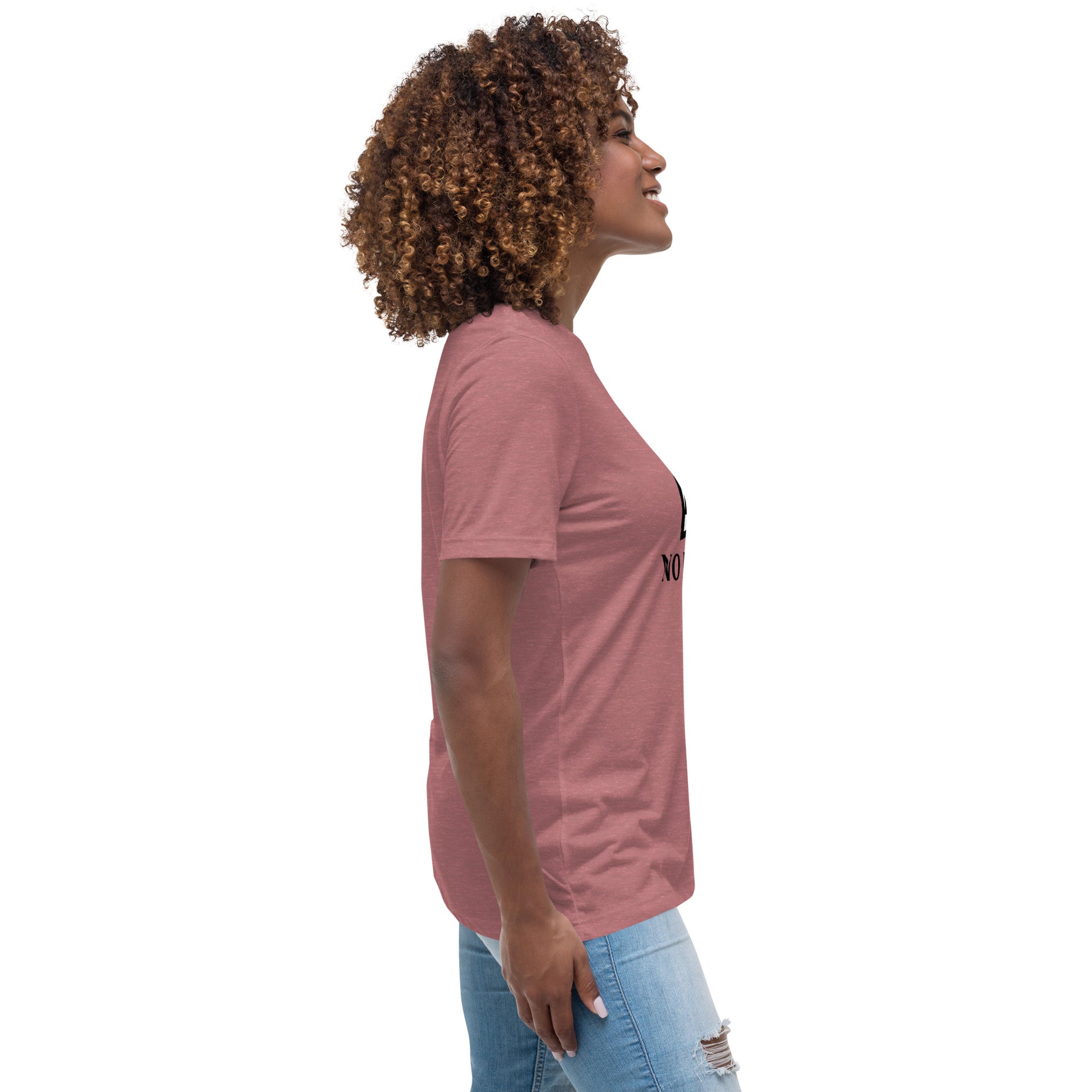Women with mauve t-shirt with image and text "no image available"