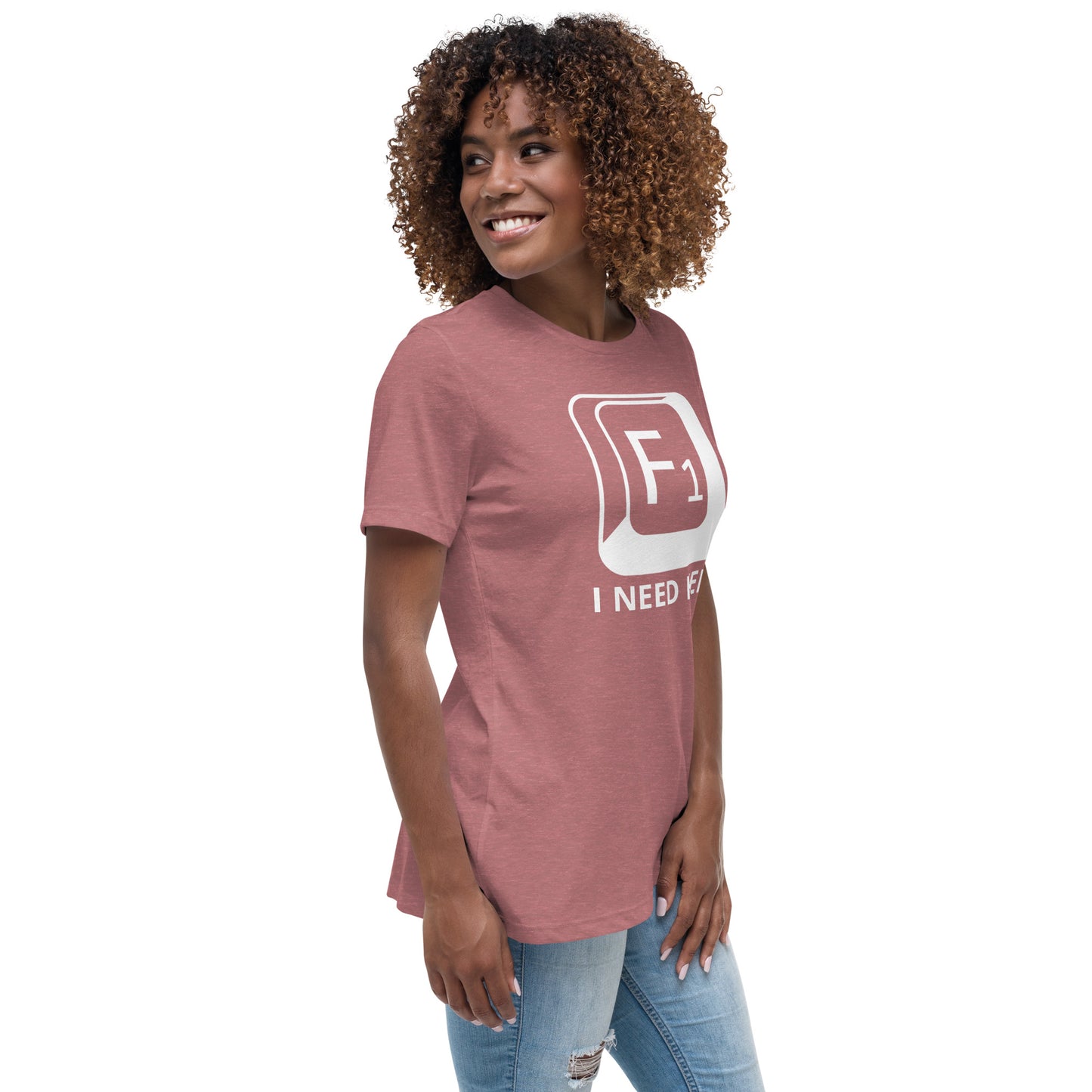 Woman with mauve t-shirt with picture of "F1" key and text "I need help"