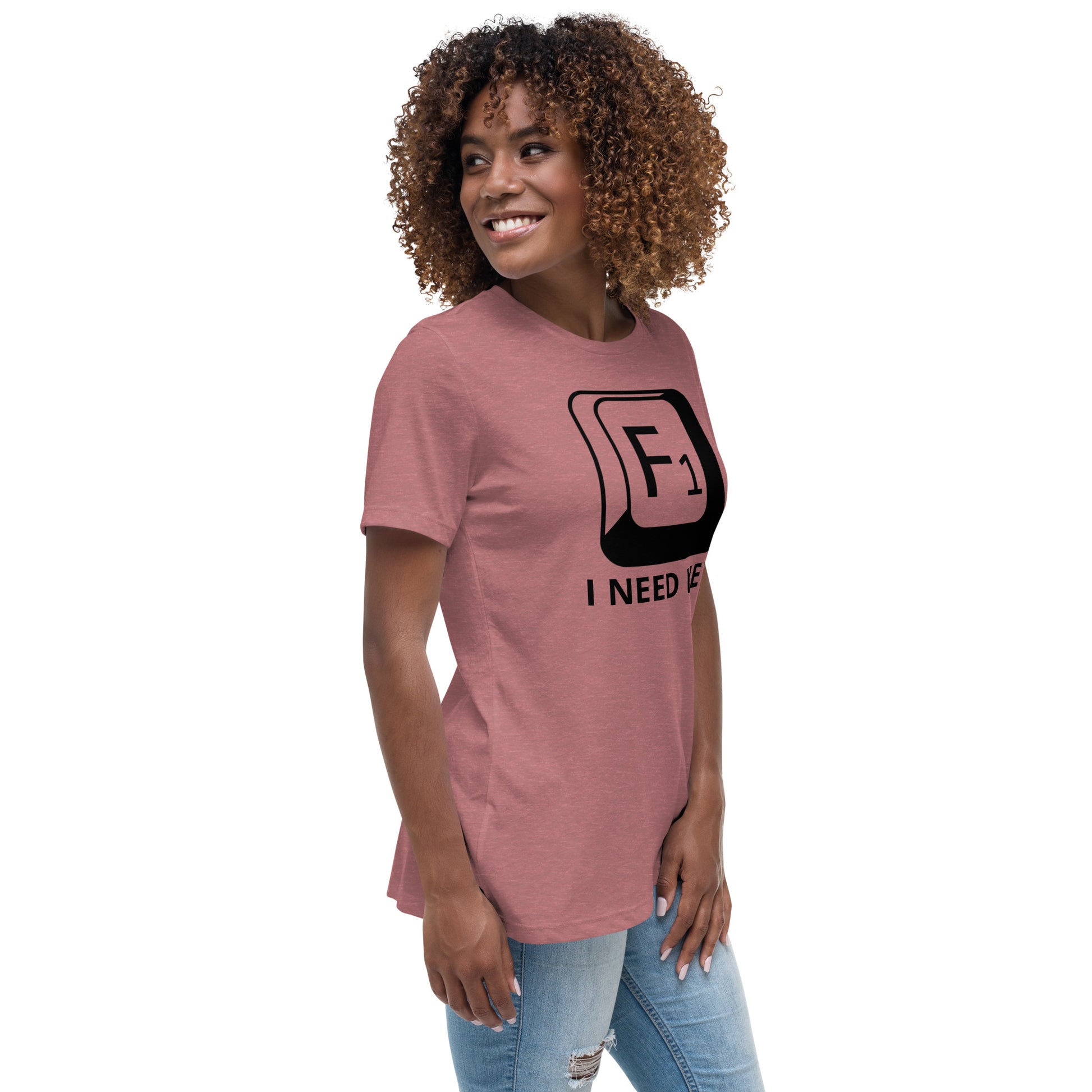 Woman with mauve t-shirt with picture of "F1" key and text "I need help"
