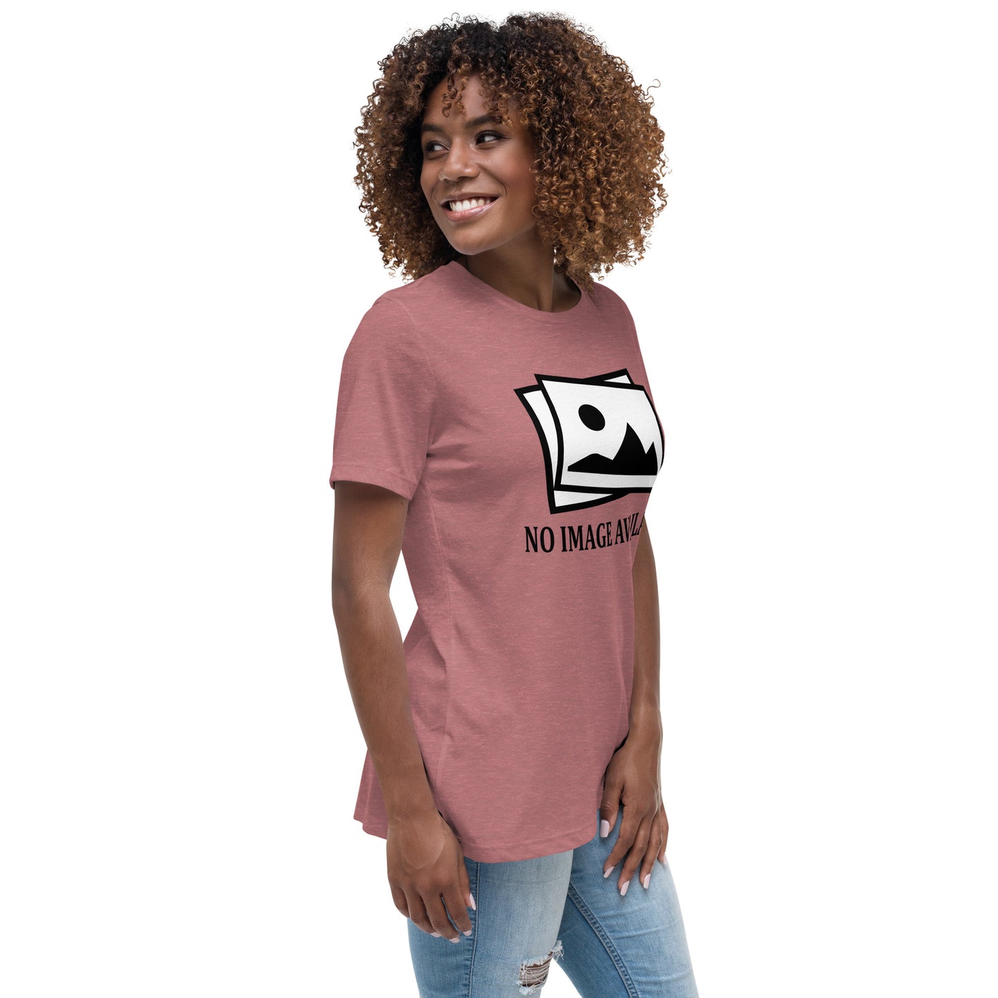 Women with mauve t-shirt with image and text "no image available"