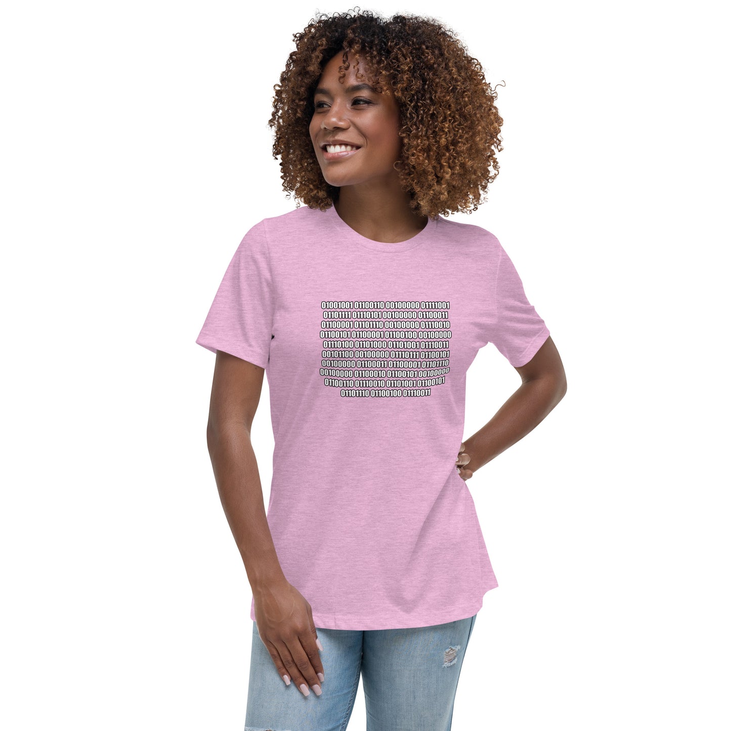 Woman with lilac t-shirt with binary code "If you can read this"