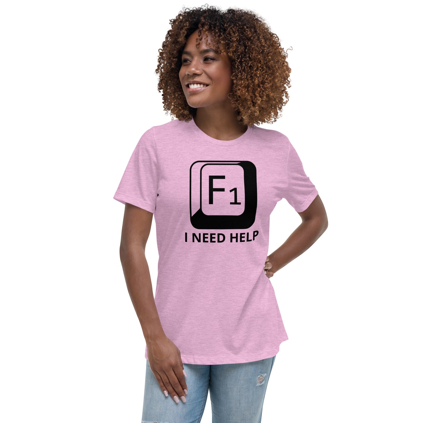 Woman with lilac t-shirt with picture of "F1" key and text "I need help"