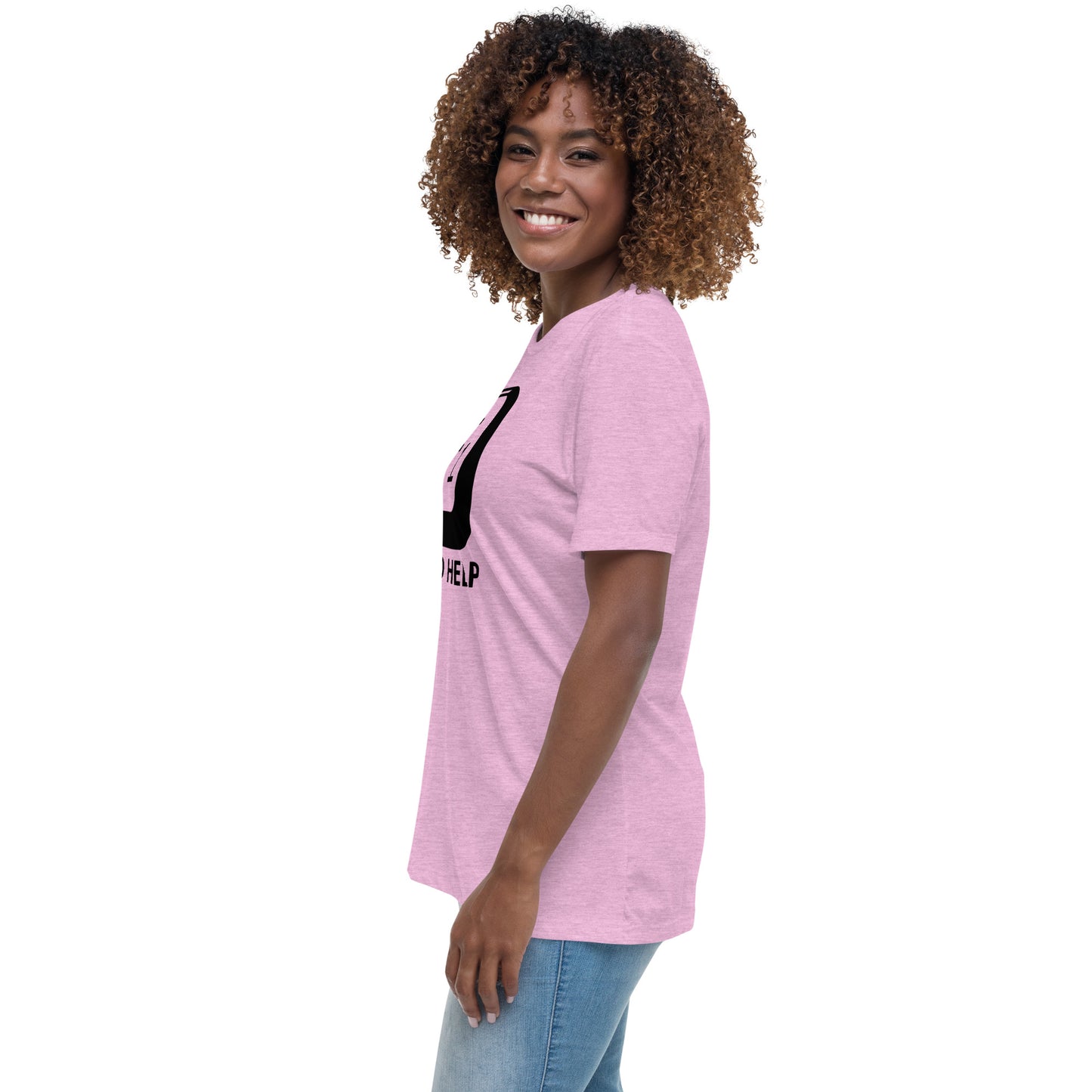 Woman with lilac t-shirt with picture of "F1" key and text "I need help"