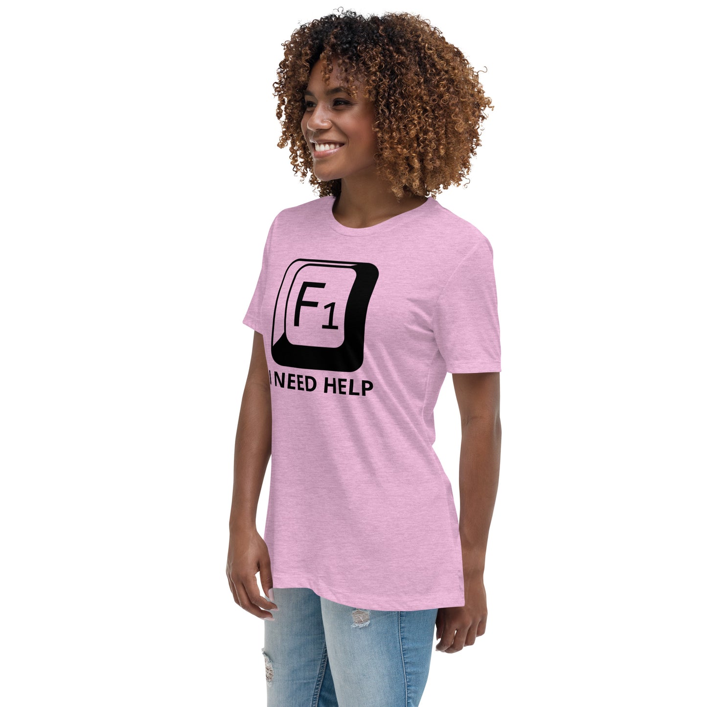 Woman with lilac t-shirt with picture of "F1" key and text "I need help"