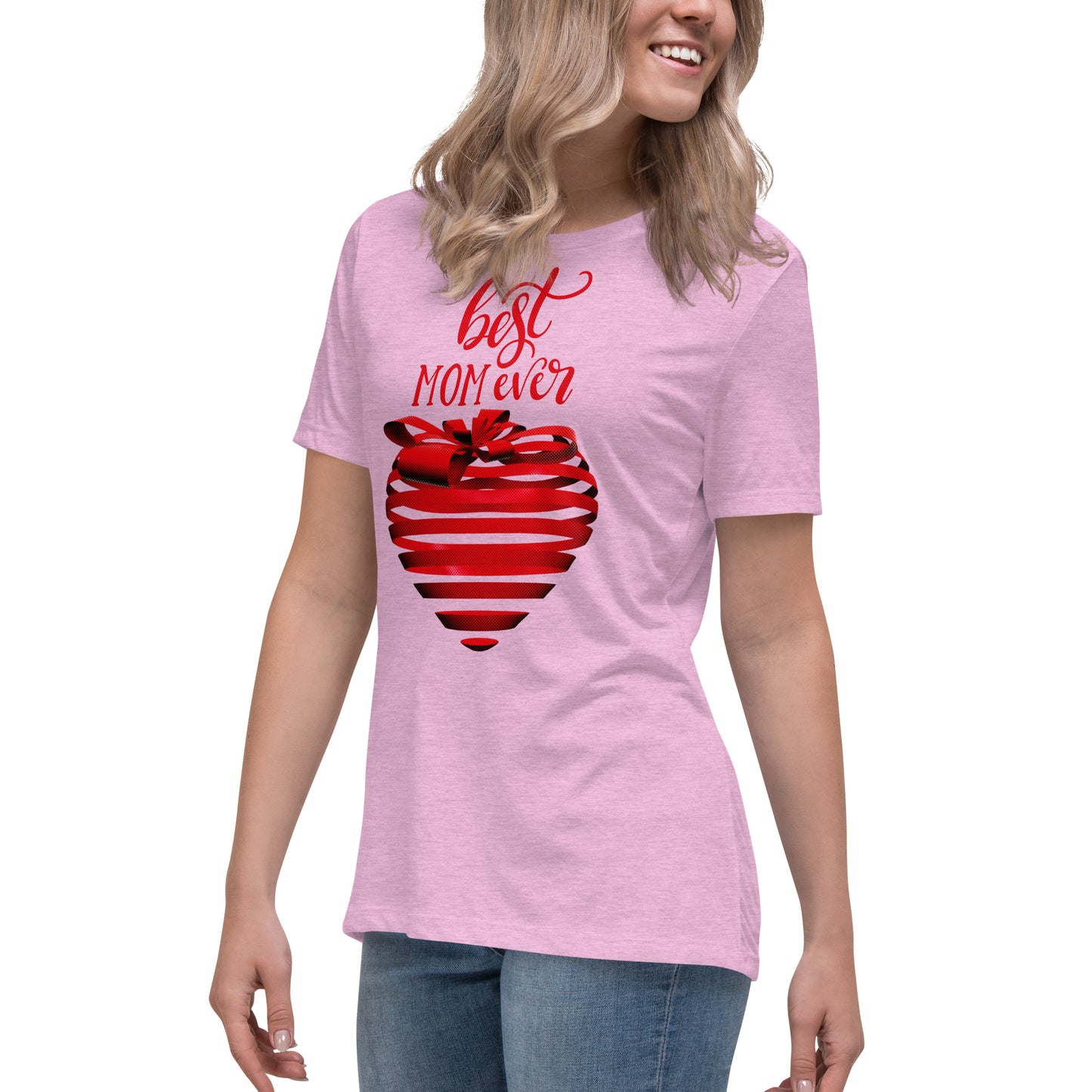 Women with prism lilac T-shirt with red text best MOM Ever and red heart