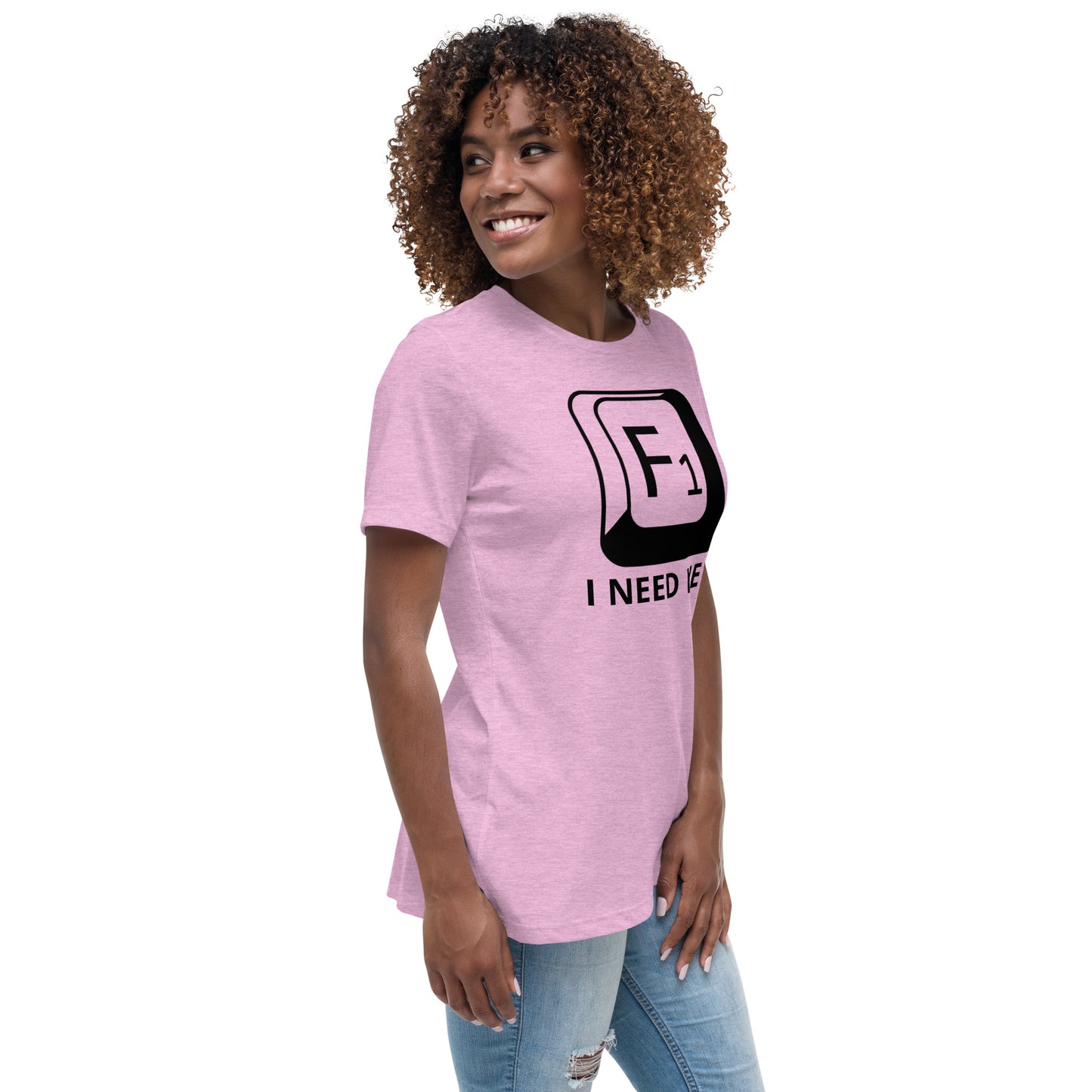Woman with lilac t-shirt with picture of "F1" key and text "I need help"