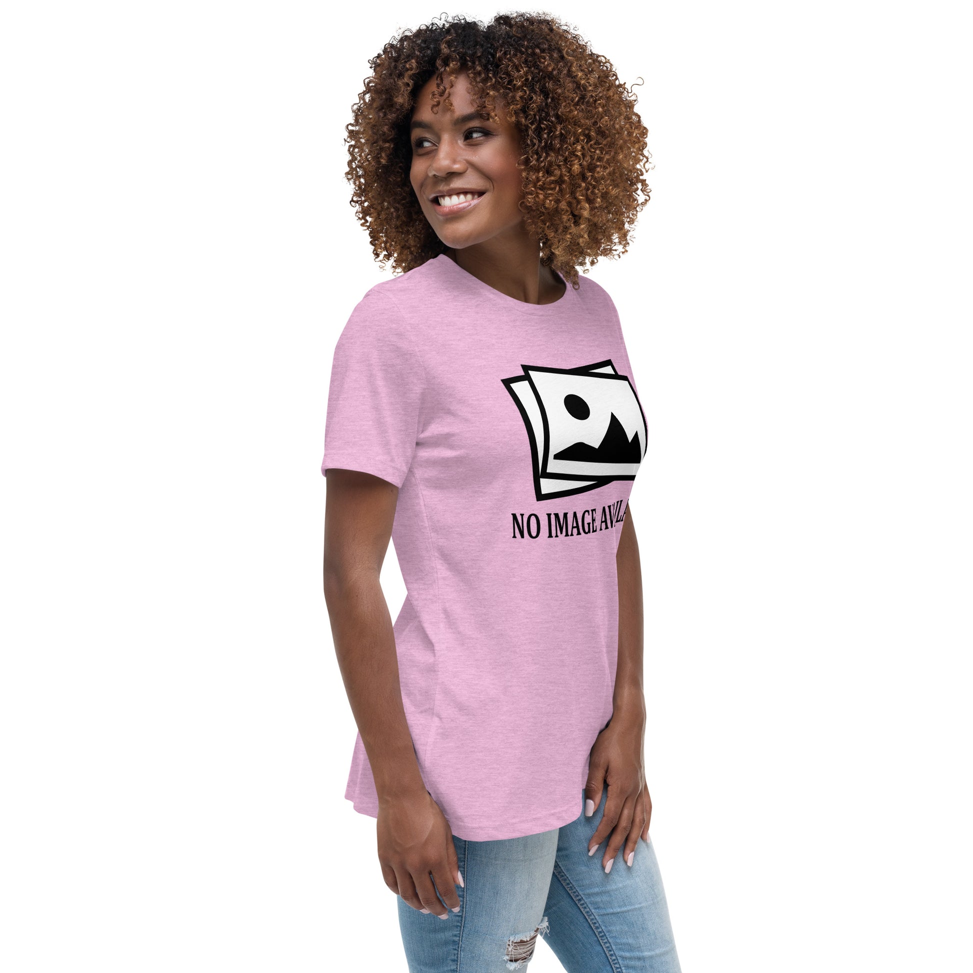 Women with lilac t-shirt with image and text "no image available"