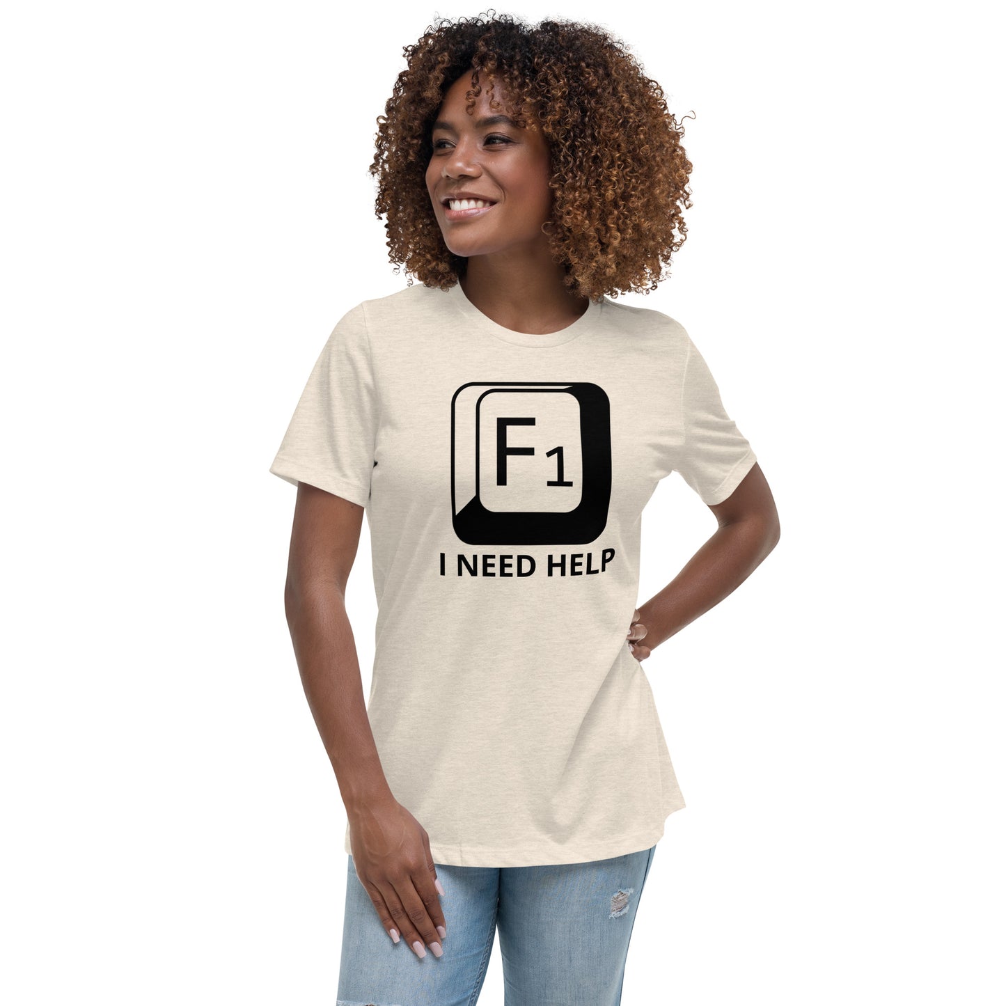 Woman with prism t-shirt with picture of "F1" key and text "I need help"