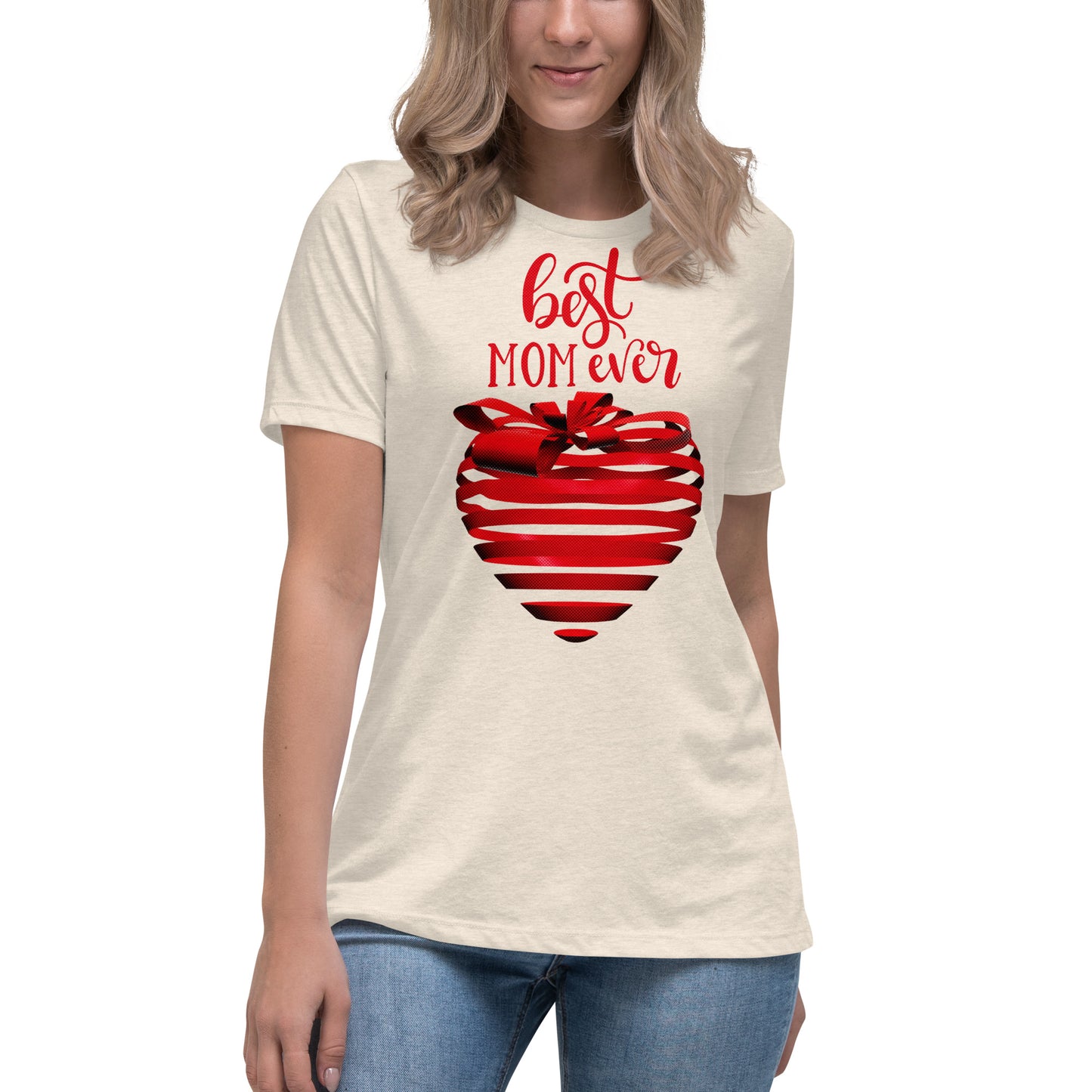 Women with natural T-shirt with red text best MOM Ever and red heart