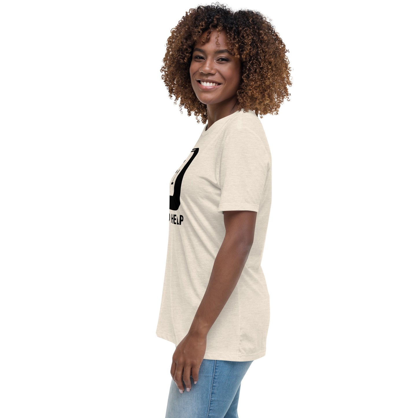 Woman with prism t-shirt with picture of "F1" key and text "I need help"