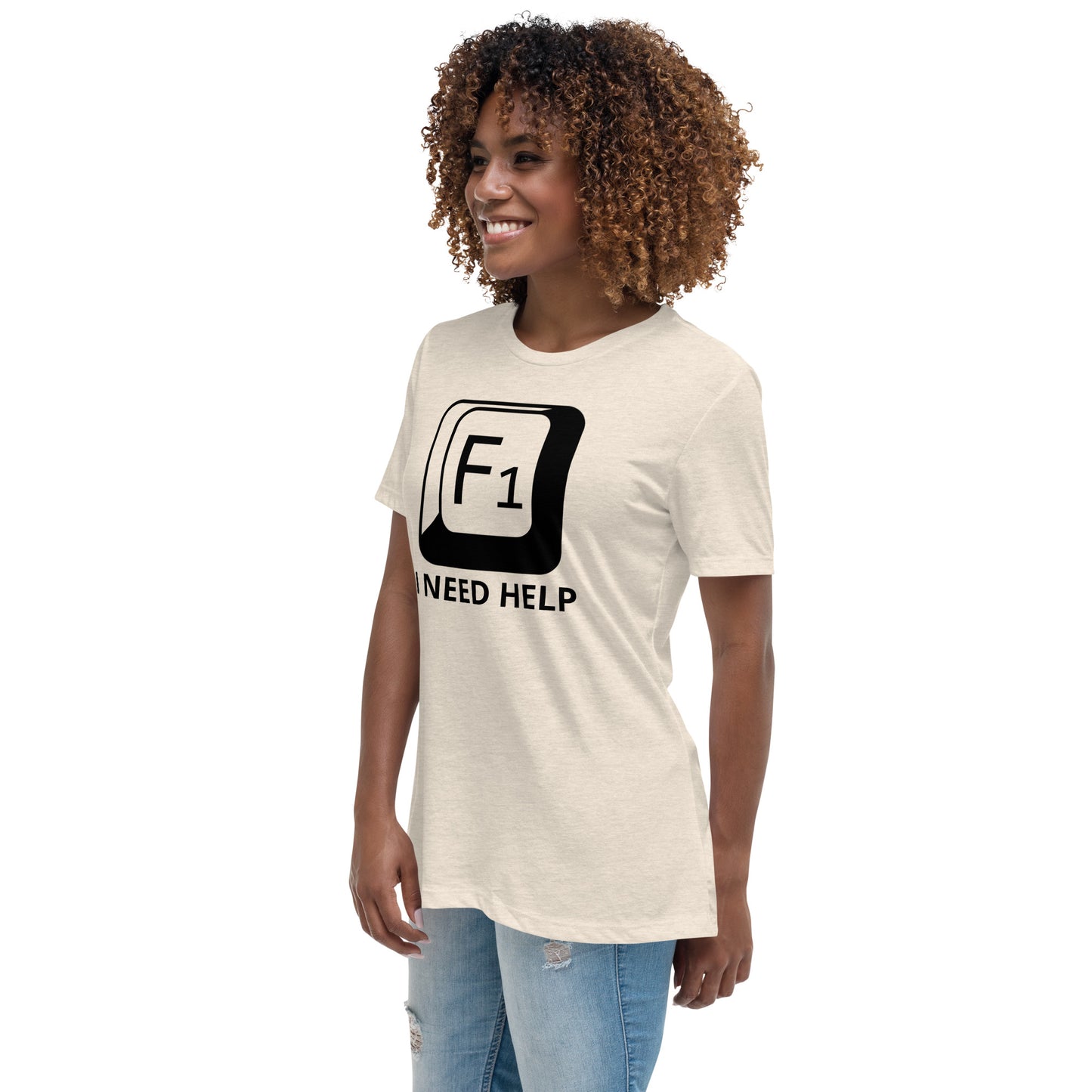 Woman with prism t-shirt with picture of "F1" key and text "I need help"