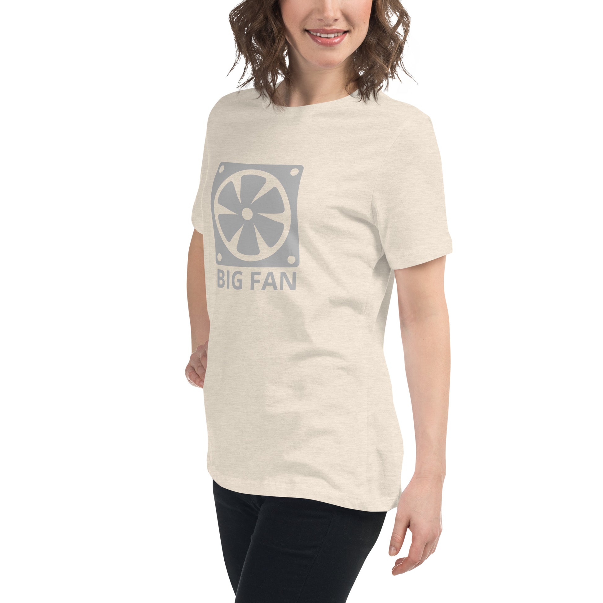 Women with prism natural t-shirt with image of a big computer fan and the text "BIG FAN"